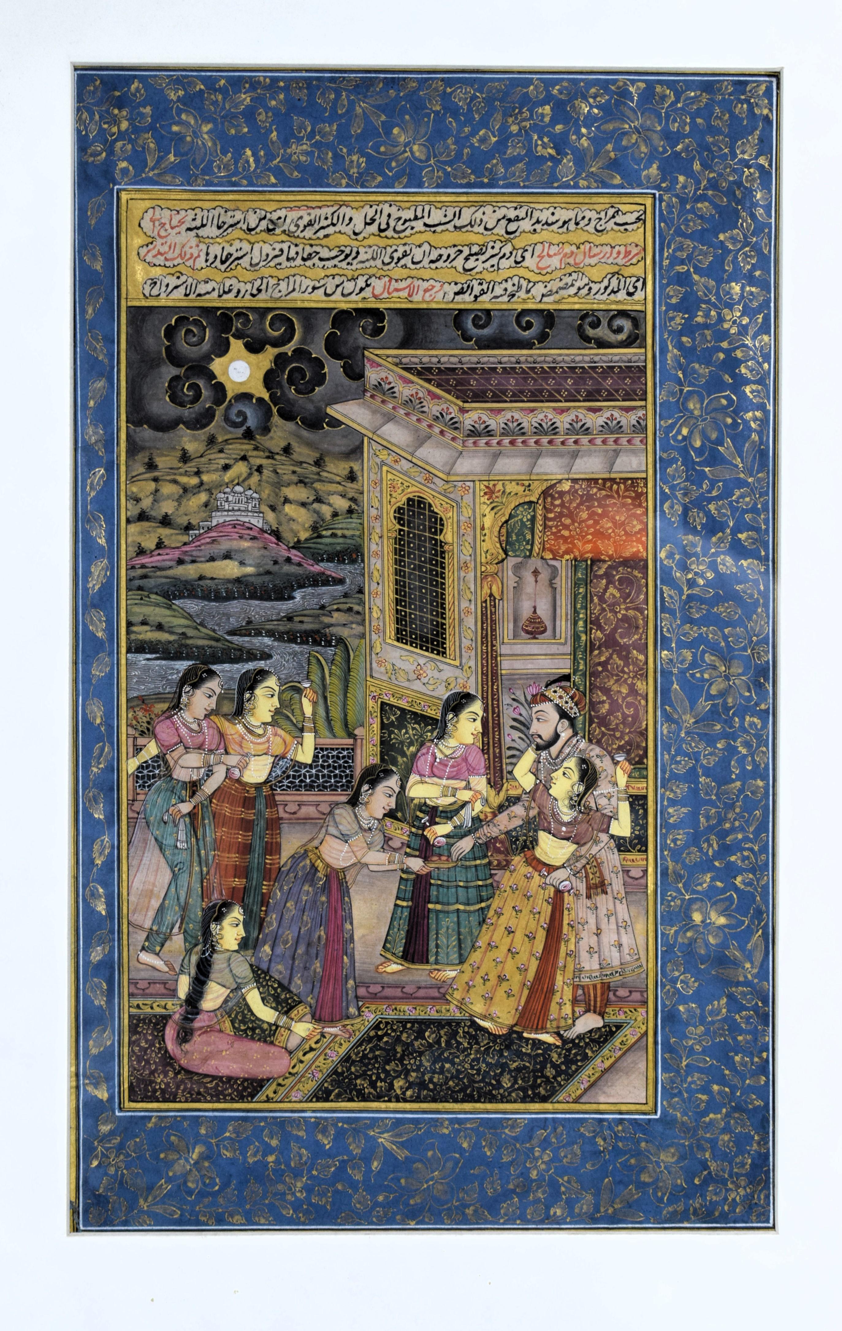 The Mughal miniature painting, crafted with a single-hair brush on fine rice paper and enhanced with 24k gold water, depicts a serene and opulent scene from the harem of Mughal Emperor Shah Jahan. The painting is a testament to the detailed