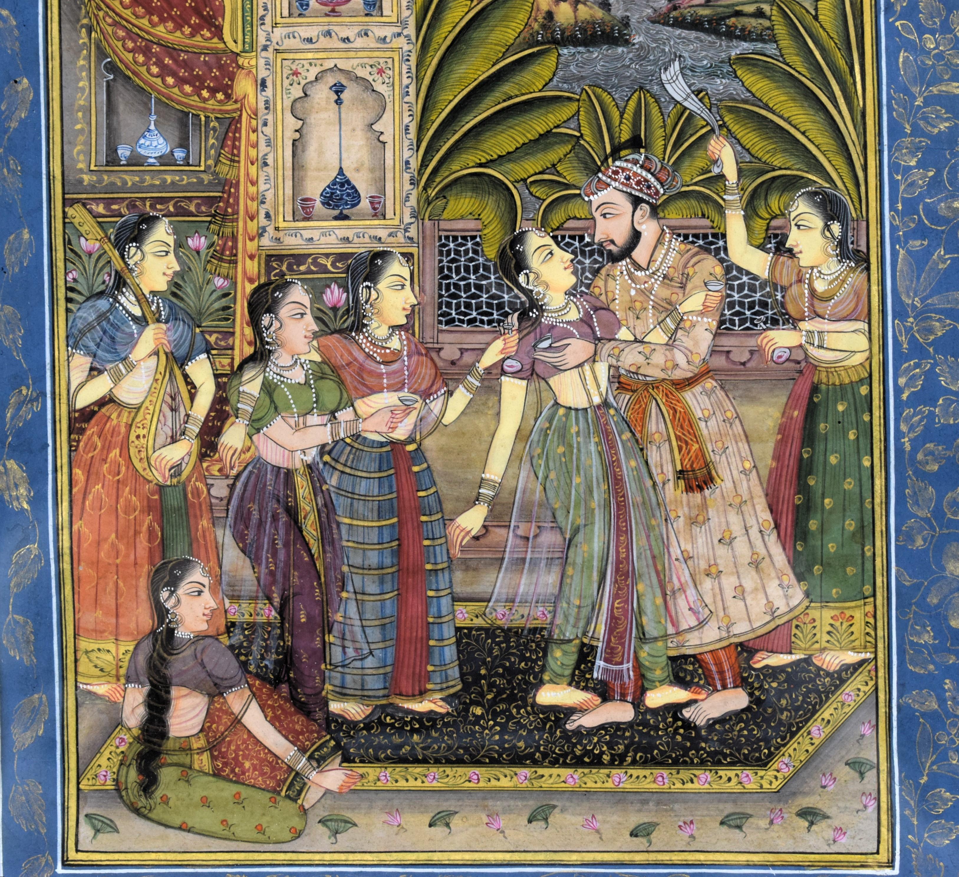Indian Mughal miniature depicting Mughal Emperor Shah Jahan in his harem, 19th Century
