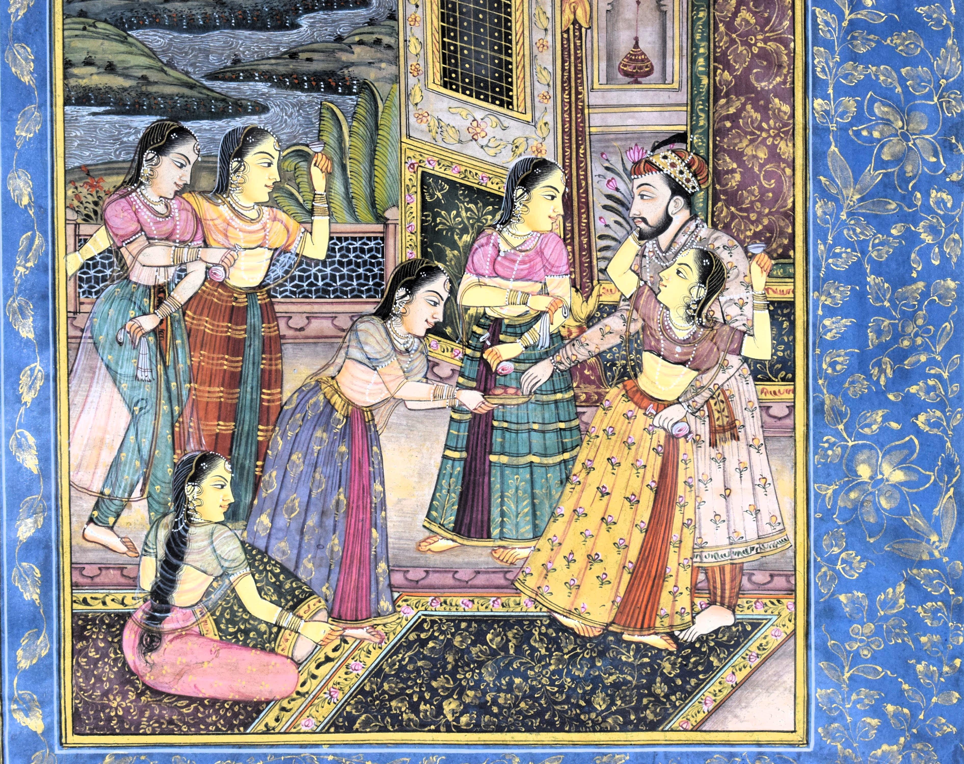 Indian Mughal miniature depicting Mughal Emperor Shah Jahan in his harem, 19th Century