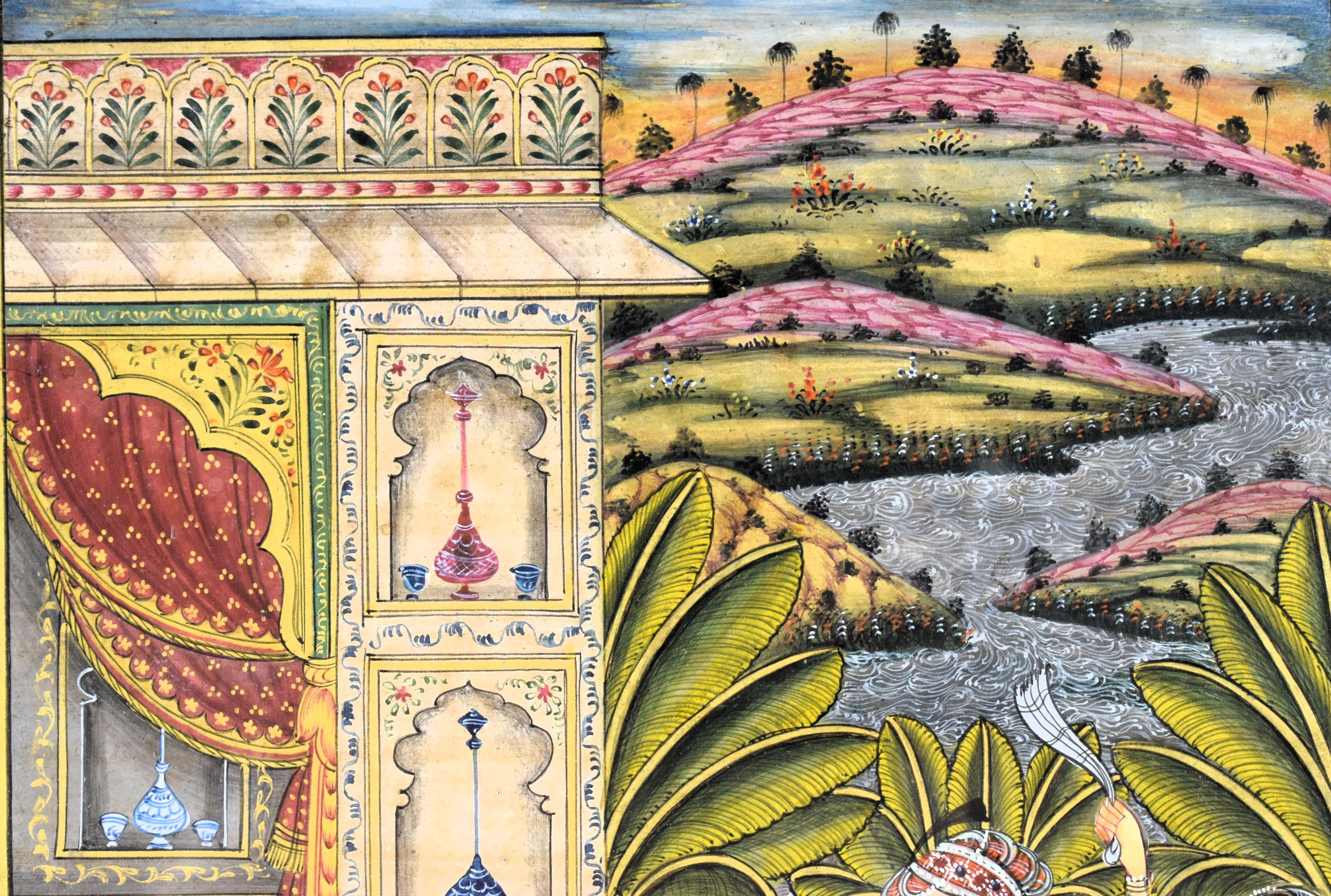 Hand-Painted Mughal miniature depicting Mughal Emperor Shah Jahan in his harem, 19th Century