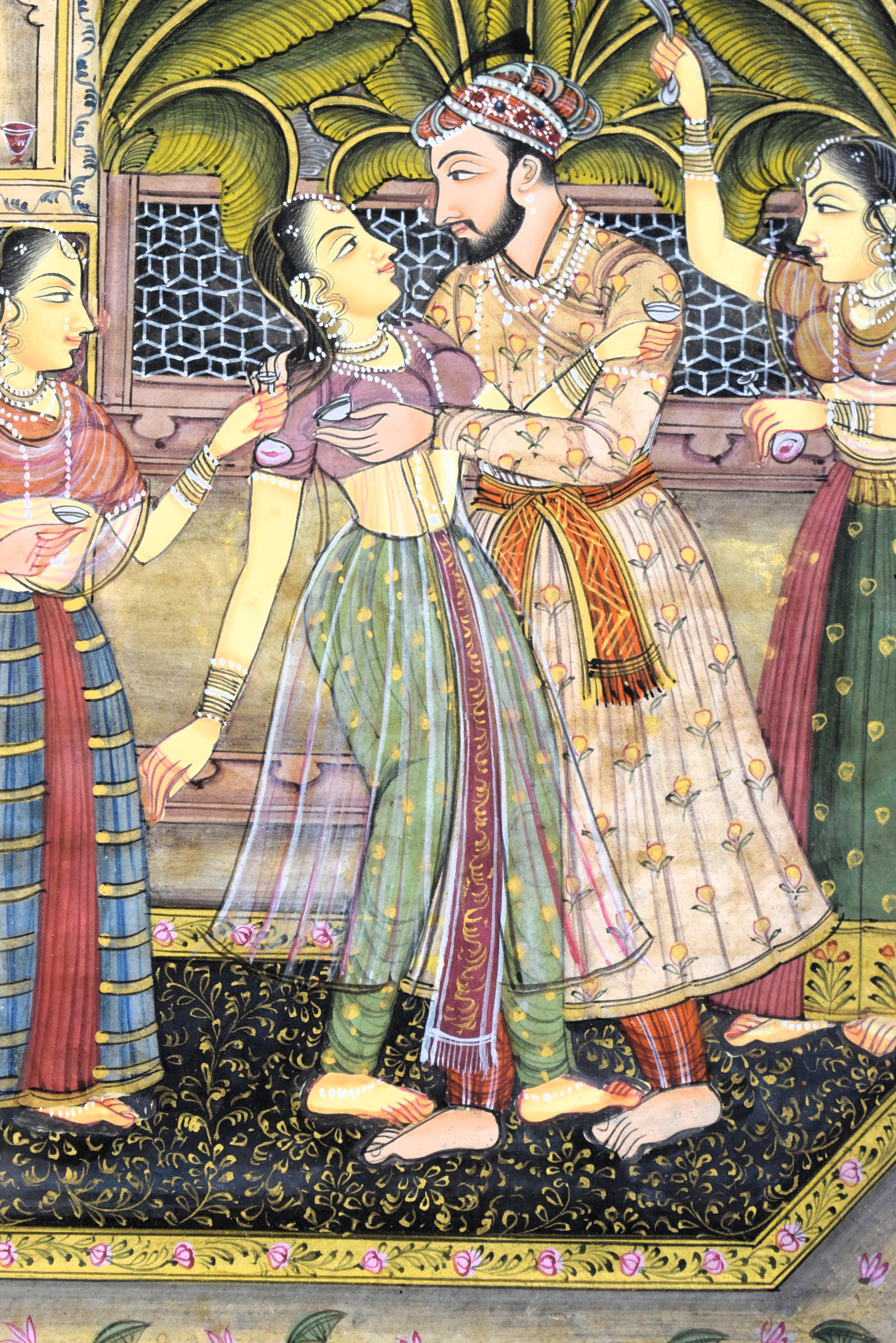 Mughal miniature depicting Mughal Emperor Shah Jahan in his harem, 19th Century In Good Condition In Islamabad, PK