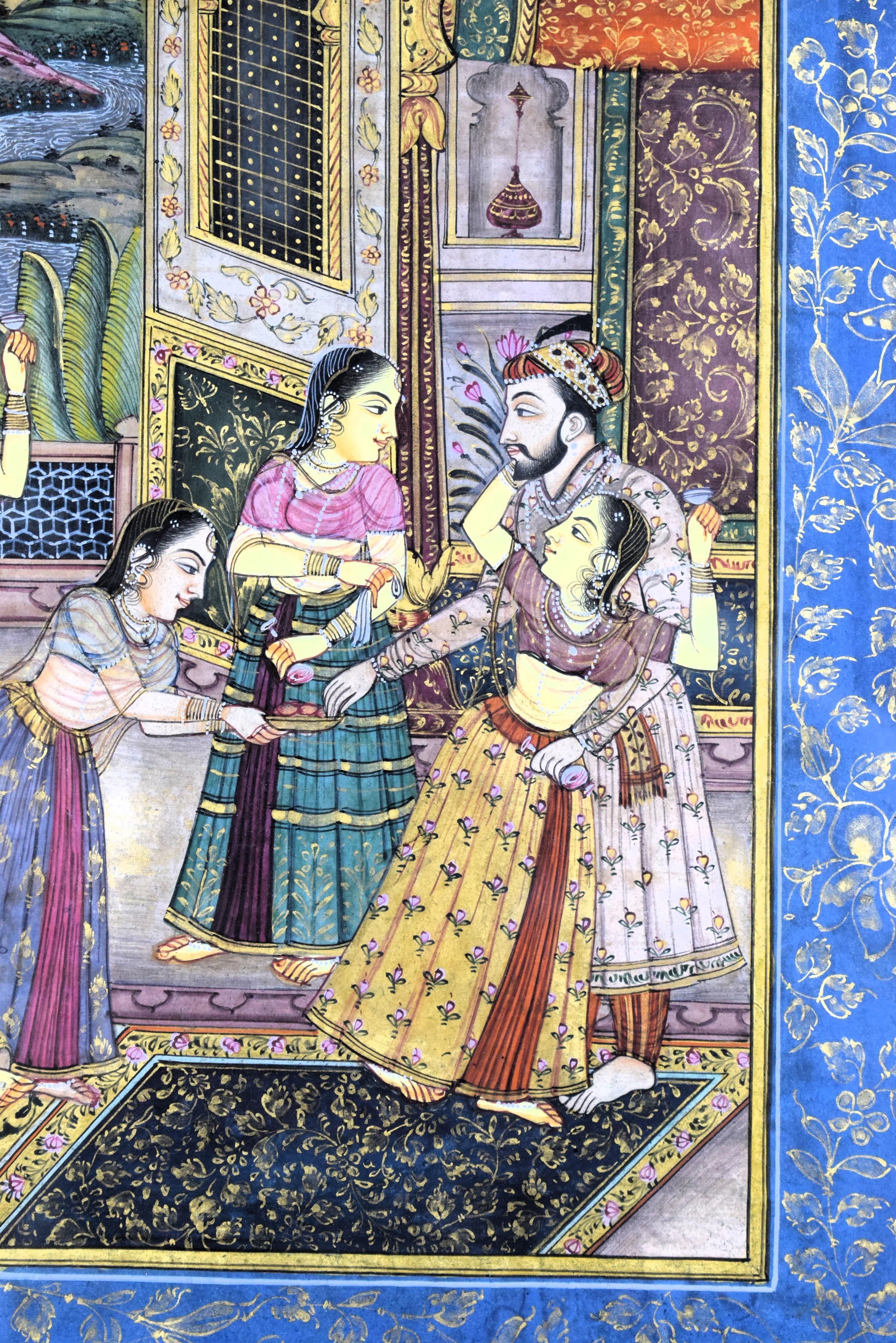Mughal miniature depicting Mughal Emperor Shah Jahan in his harem, 19th Century In Good Condition In Islamabad, PK