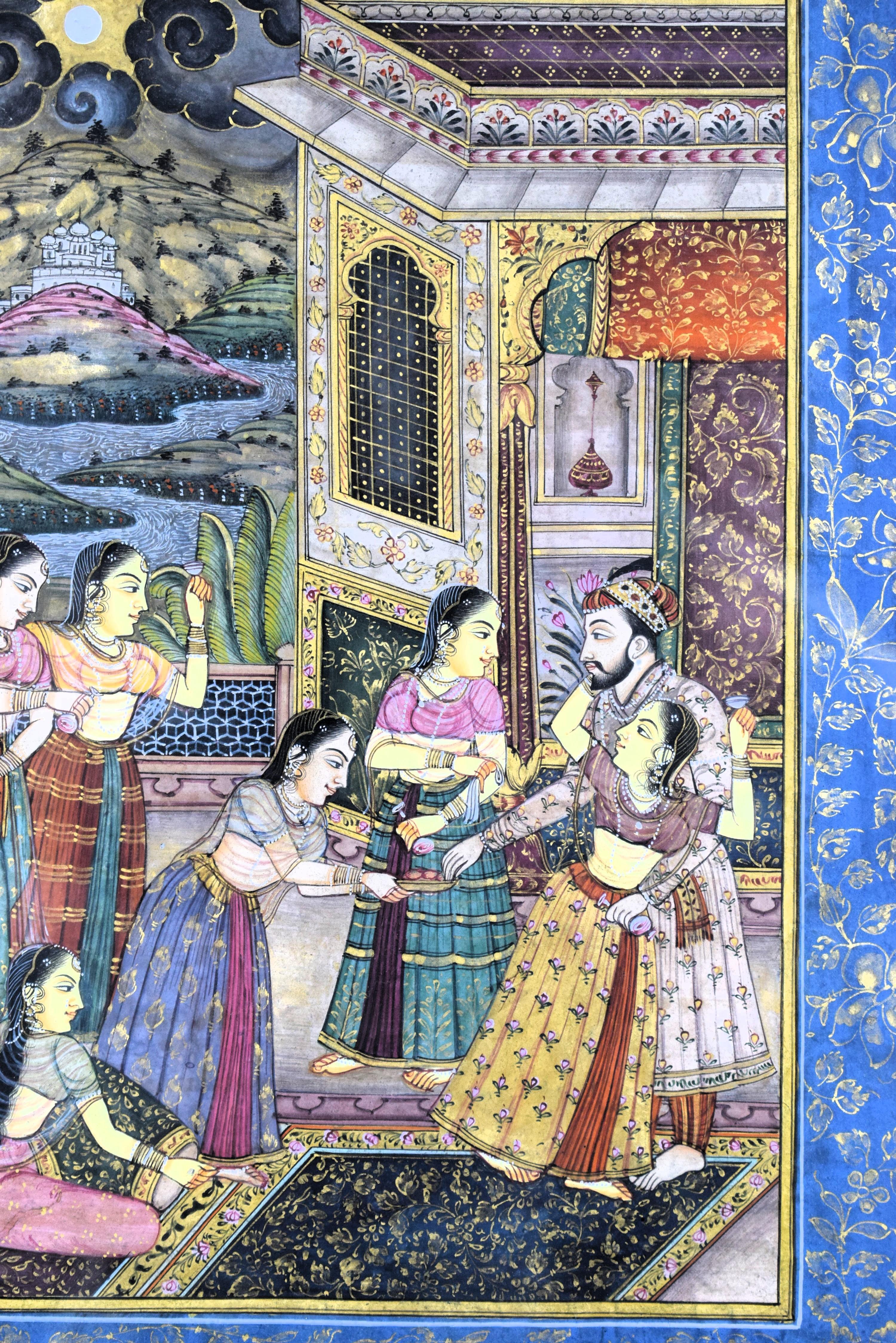 Gold Leaf Mughal miniature depicting Mughal Emperor Shah Jahan in his harem, 19th Century