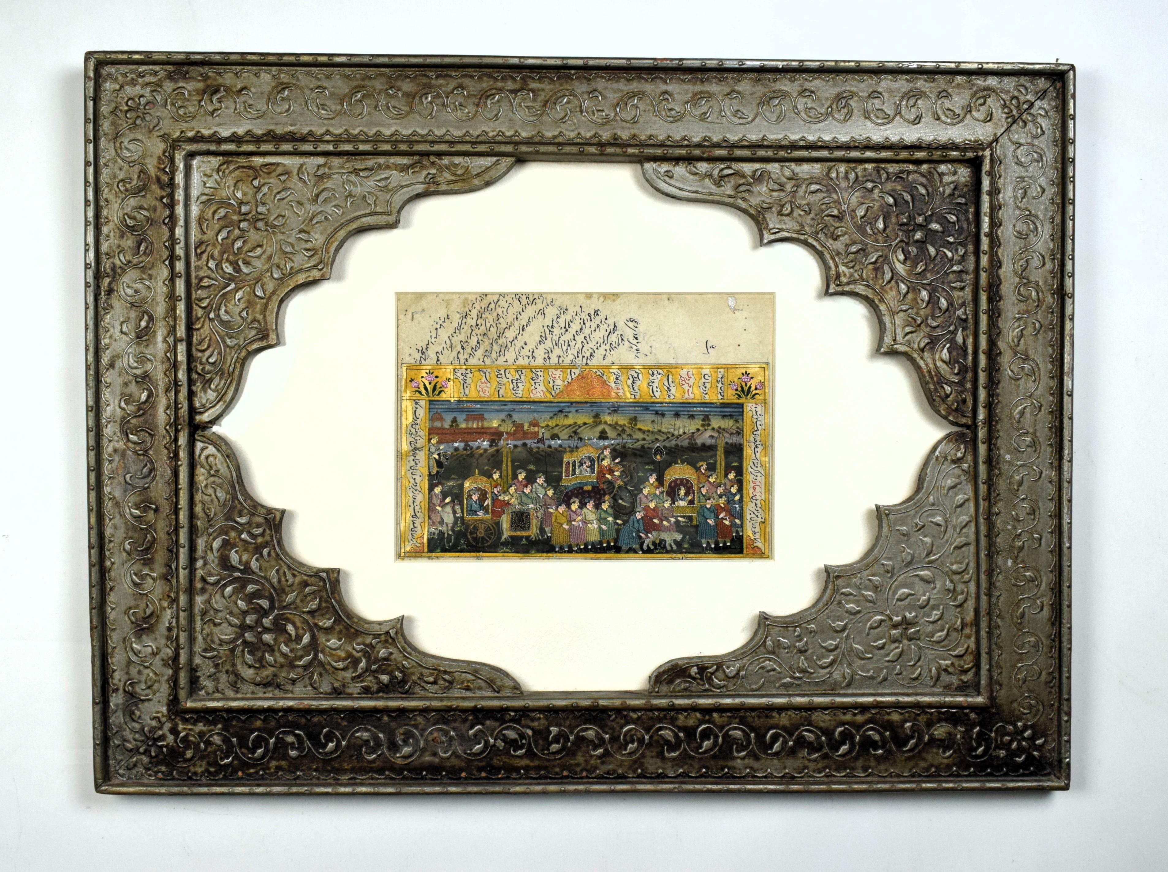 The Mughal miniature painting, created with a single-hair brush on delicate rice paper, is a fine example of the extraordinary skill and precision characteristic of Mughal art. This particular piece is further enhanced by its original Rajasthani
