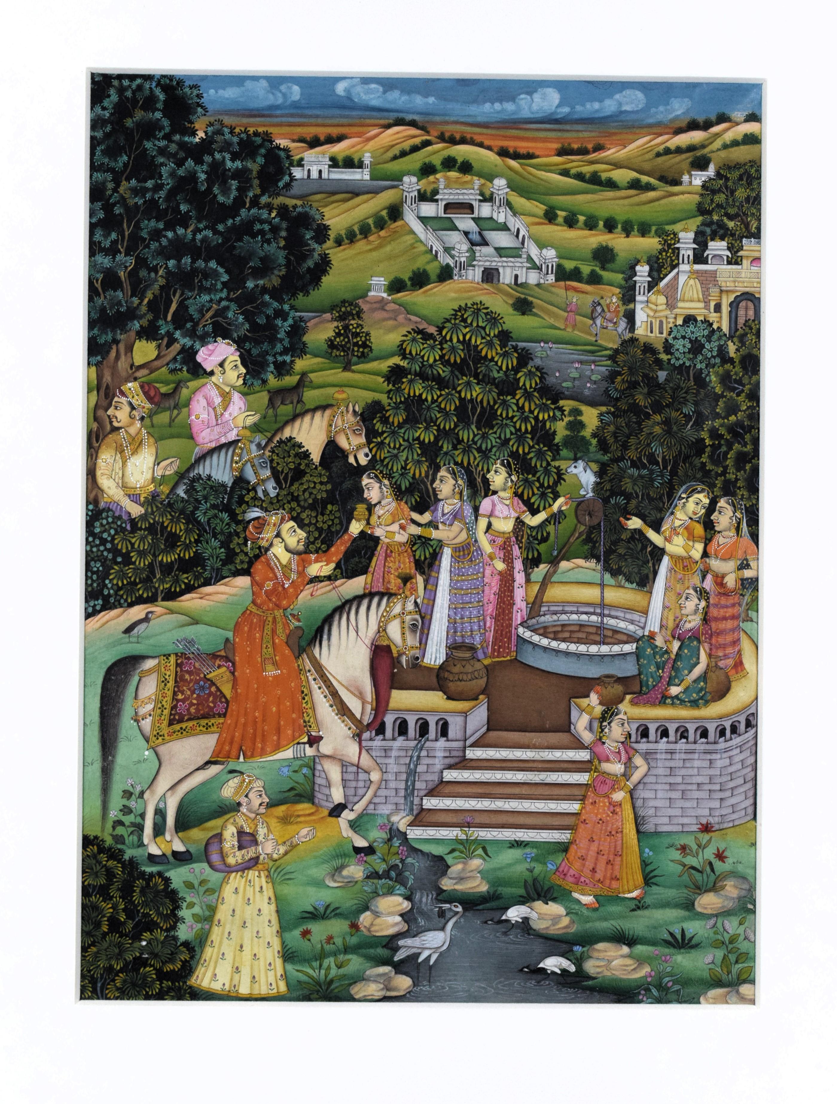 La pintura en miniatura mogol, meticulosamente realizada con un pincel de un solo pelo sobre fino papel de arroz, capta una escena serena y elegante del emperador Shah Jahan dando un tranquilo paseo a caballo, rodeado de sus cortesanos y damas de la