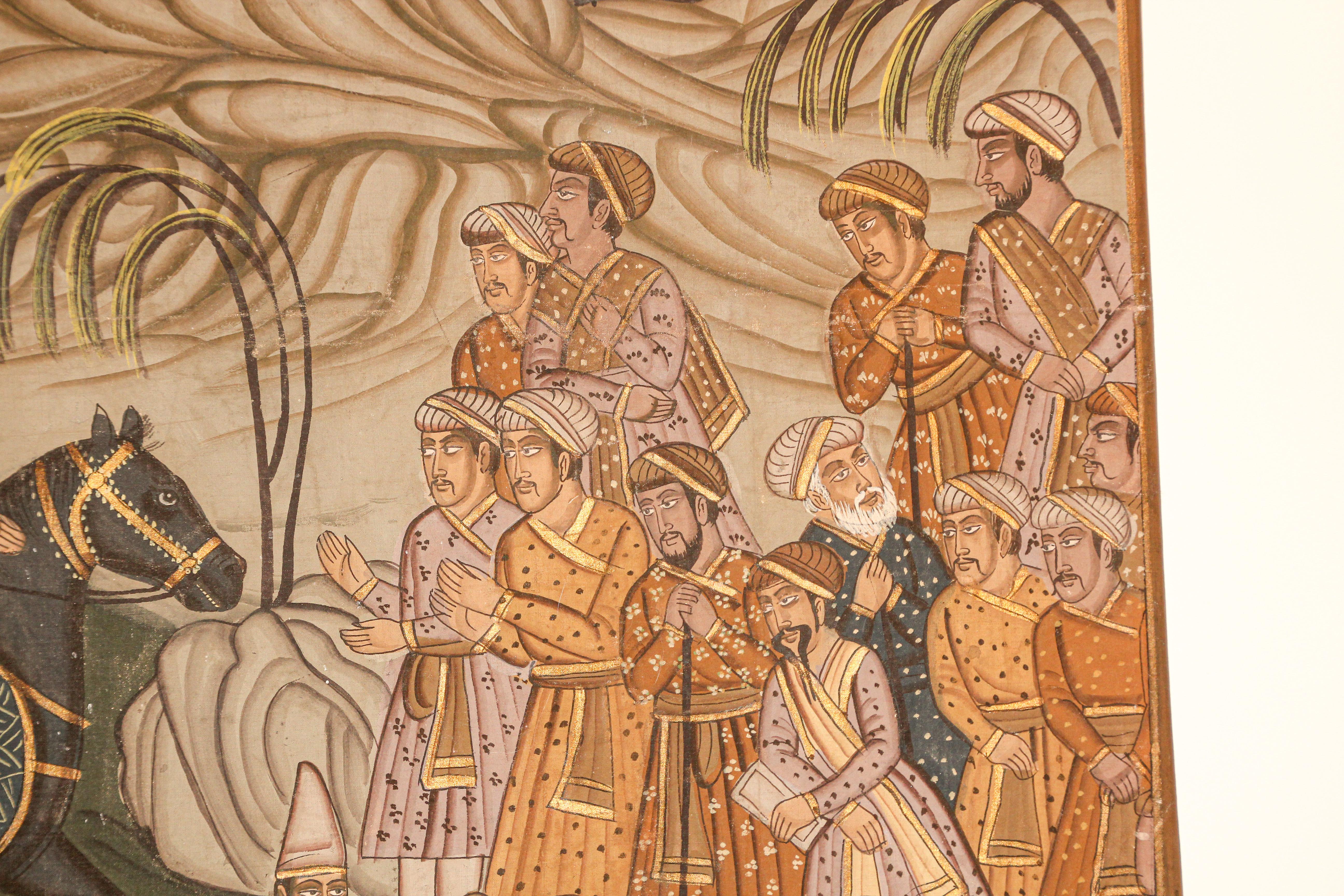 Hand-Painted Mughal Silk Painting of a Maharaja Royal Procession