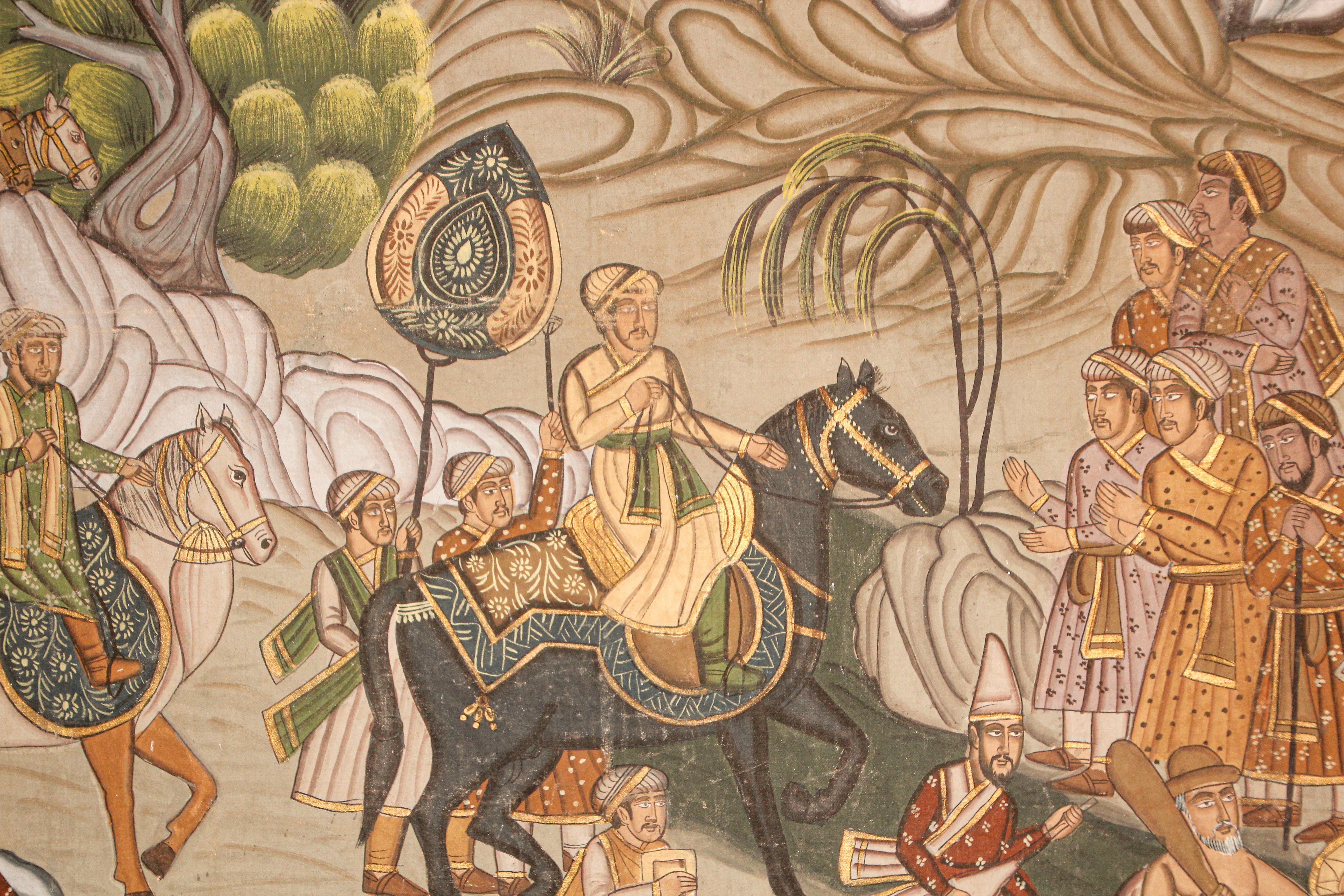Mughal Silk Painting of a Maharaja Royal Procession In Fair Condition In North Hollywood, CA
