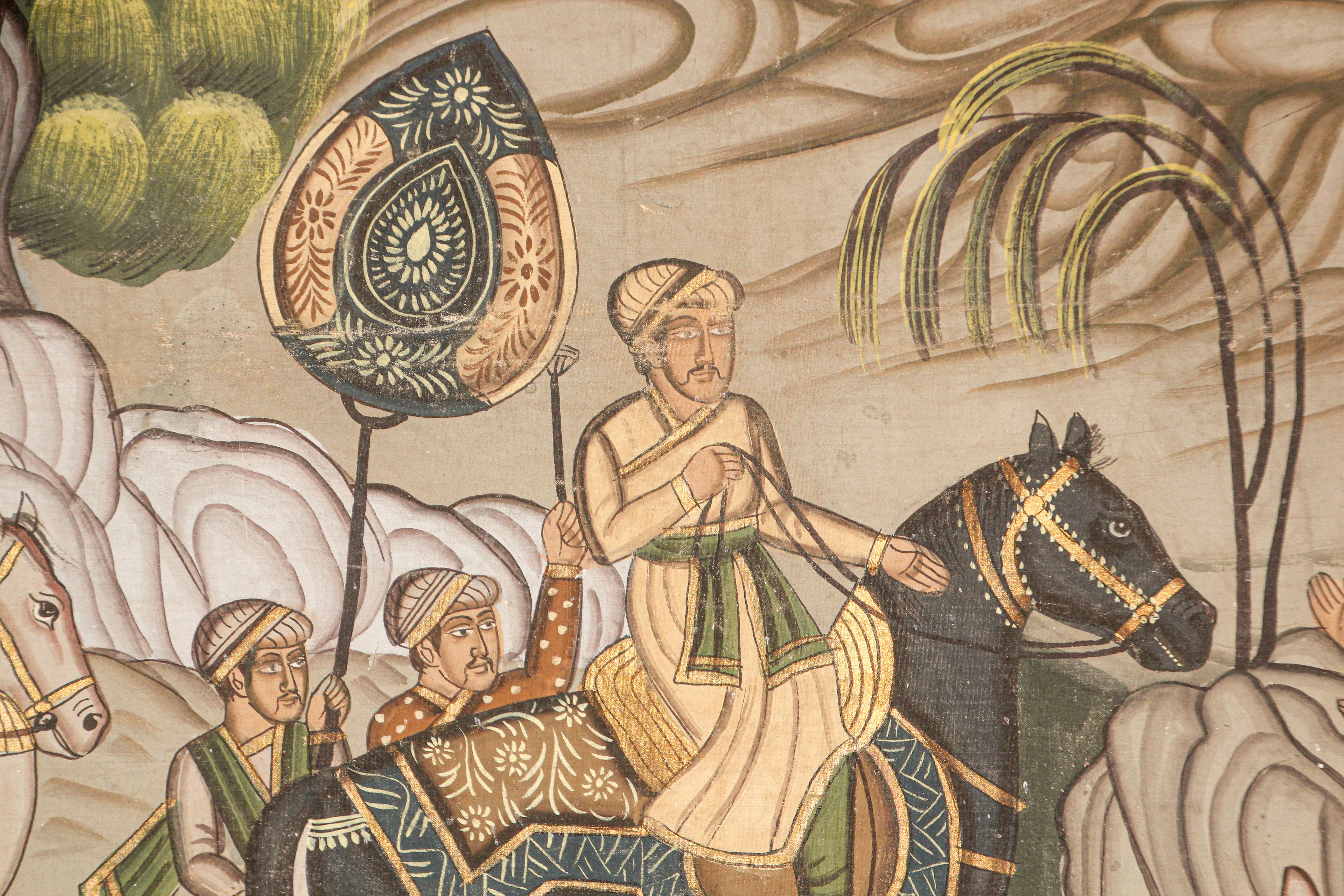 Mid-20th Century Mughal Silk Painting of a Maharaja Royal Procession