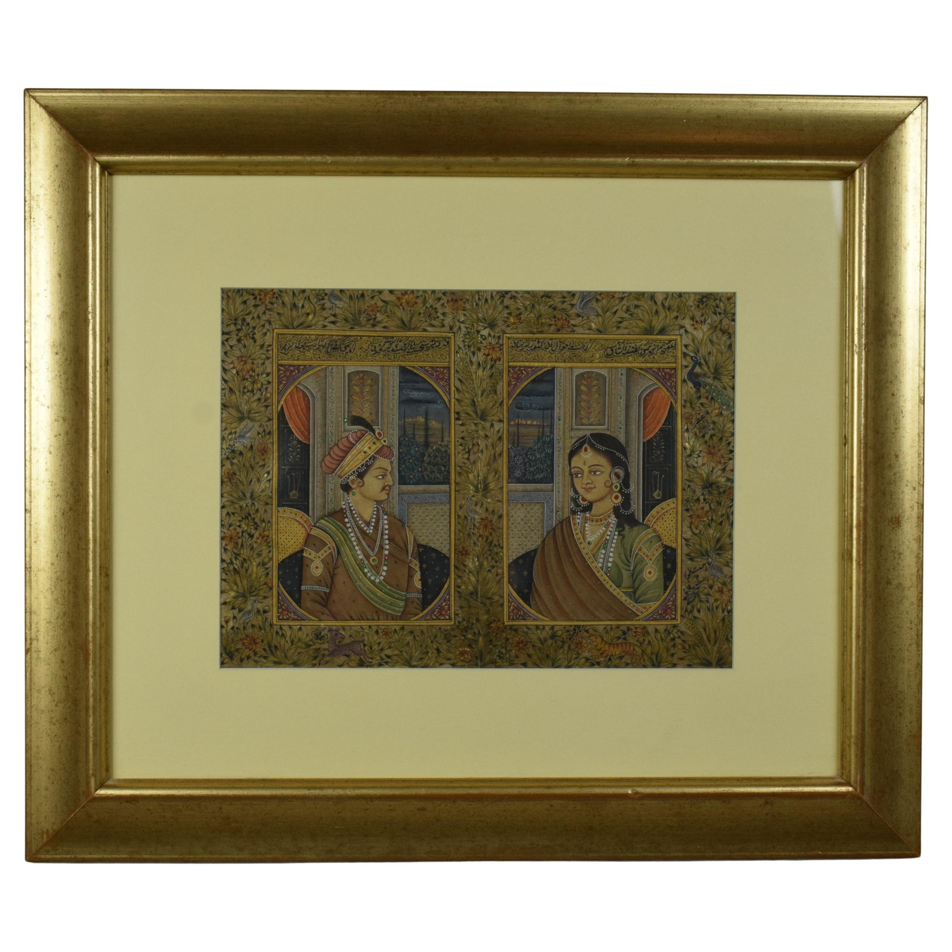 Das mit einem Einhaarpinsel auf zartem Reispapier angefertigte und mit 24-karätigem Goldwasser verzierte Mughal-Miniaturporträt zeigt den edlen Mughal-Kaiser Akbar und seine geschätzte Gemahlin Jodha Bai. Dieses exquisite Kunstwerk ist ein Beispiel