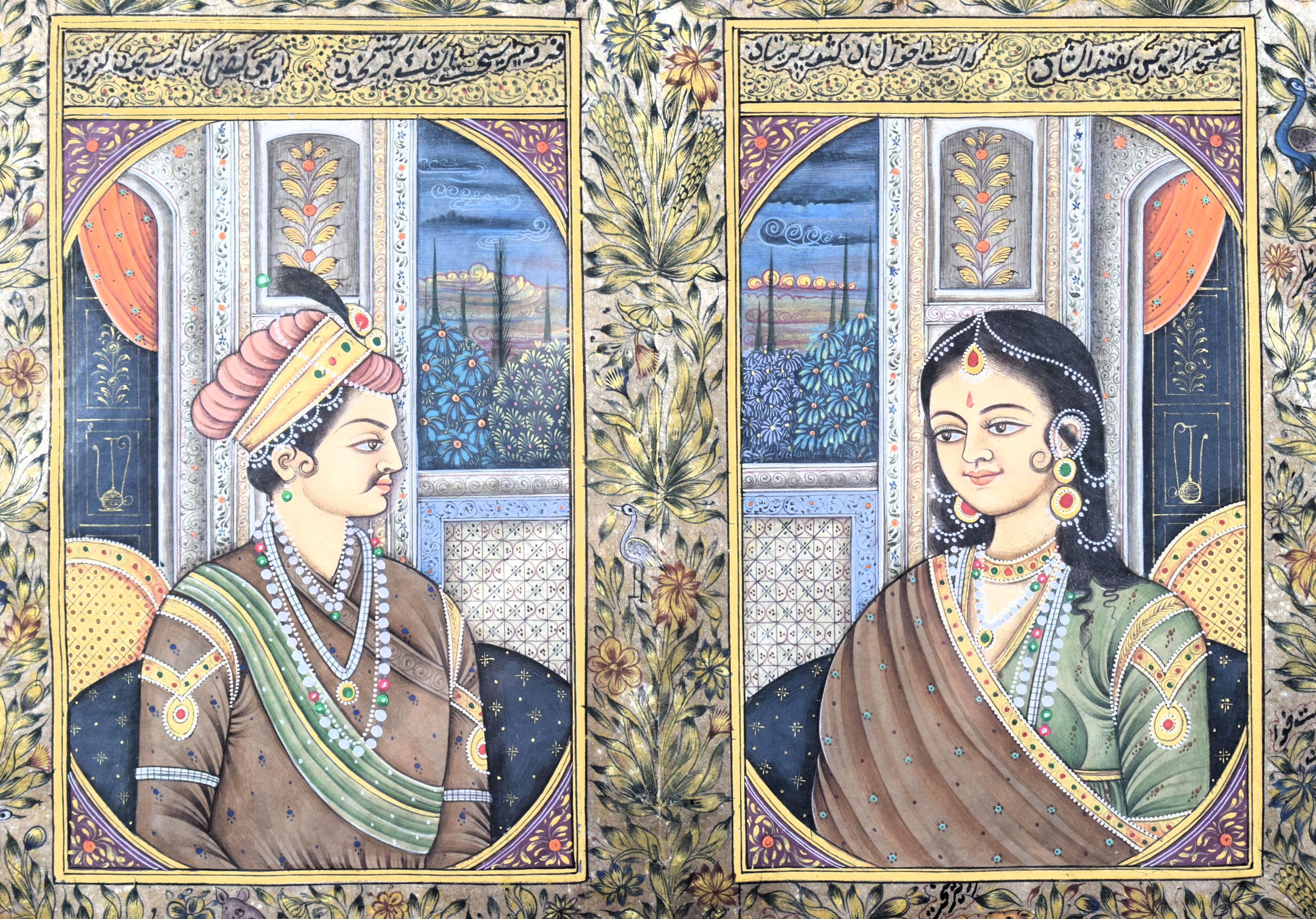 Miniatur-Porträt des Moghul-Kaisers Akbar und Jodha Bai, 19. (Handbemalt) im Angebot