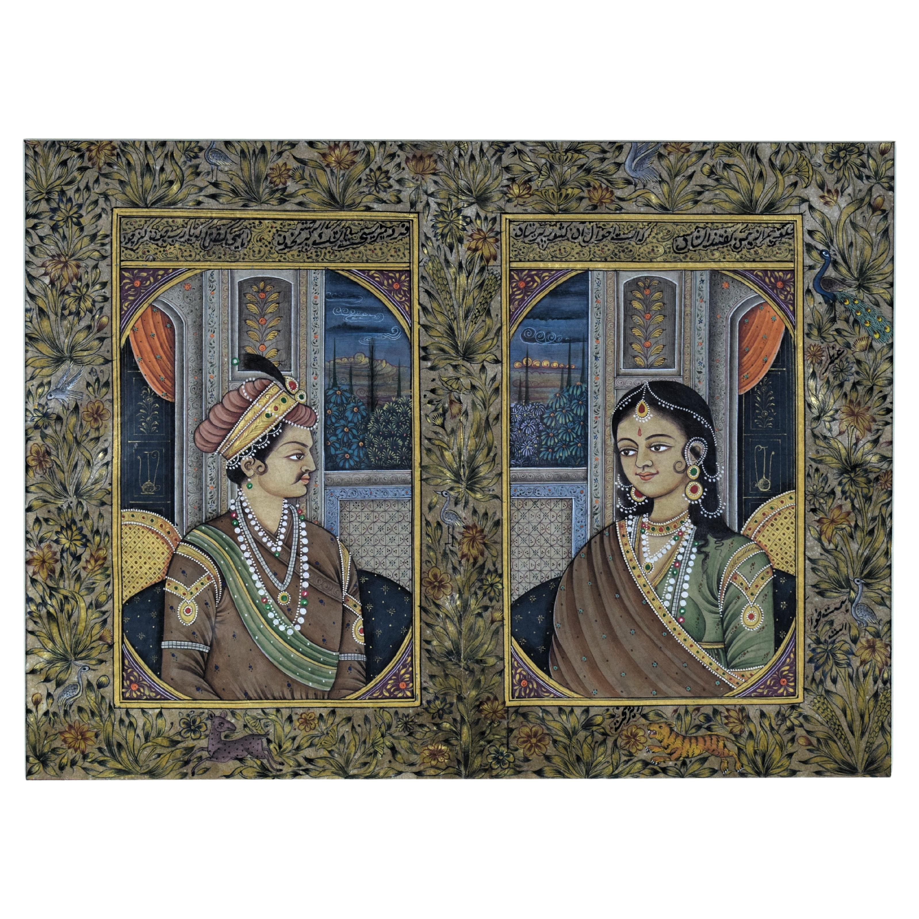 Ritratto in miniatura Mughal raffigurante l'imperatore Akbar e Jodha Bai, XIX secolo