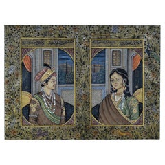 Antique Mughal miniature portrait depicting Emperor Akbar and Jodha Bai, 19th Century