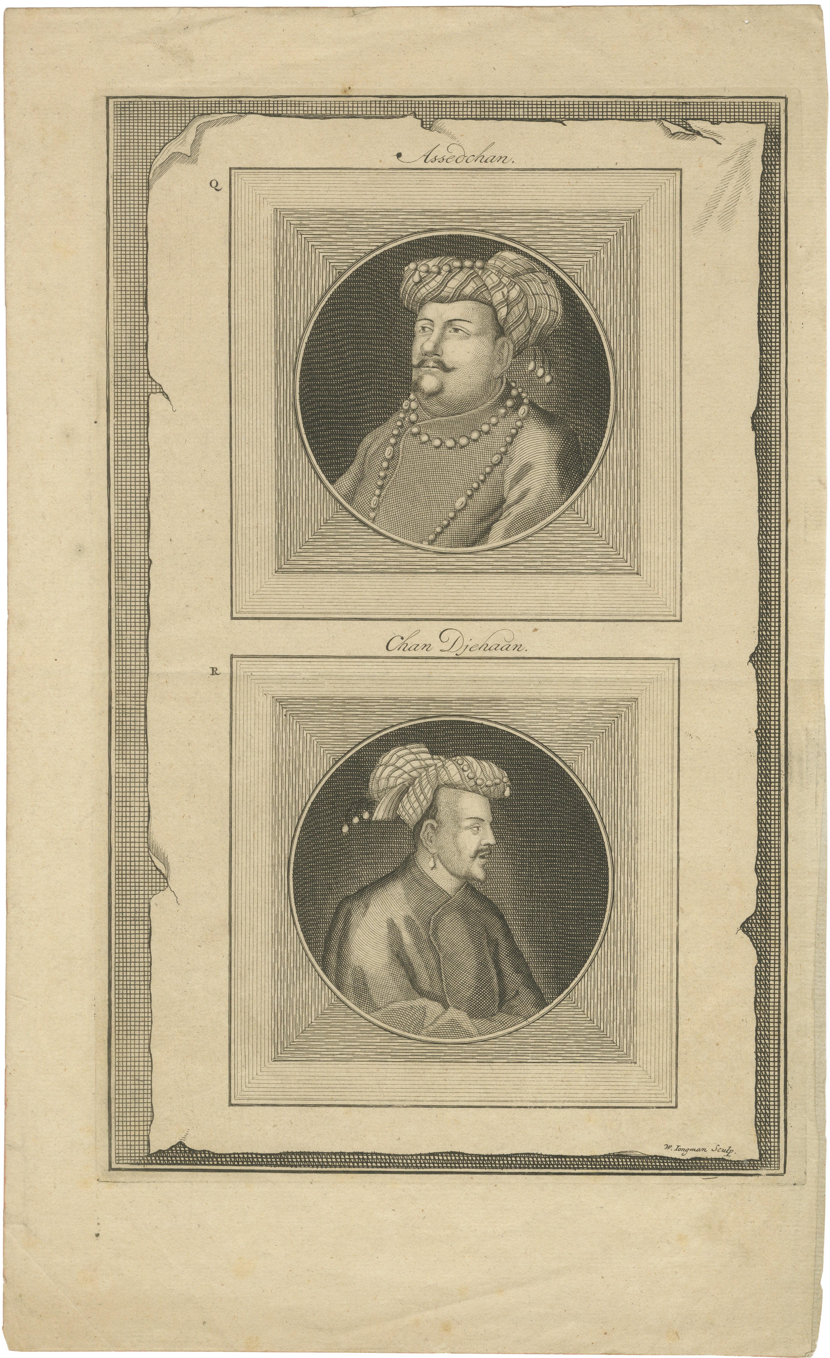 Mughal Nobles Asad Khan & Khan Jahan Portrait Engraving, Valentijn, c.1726 For Sale
