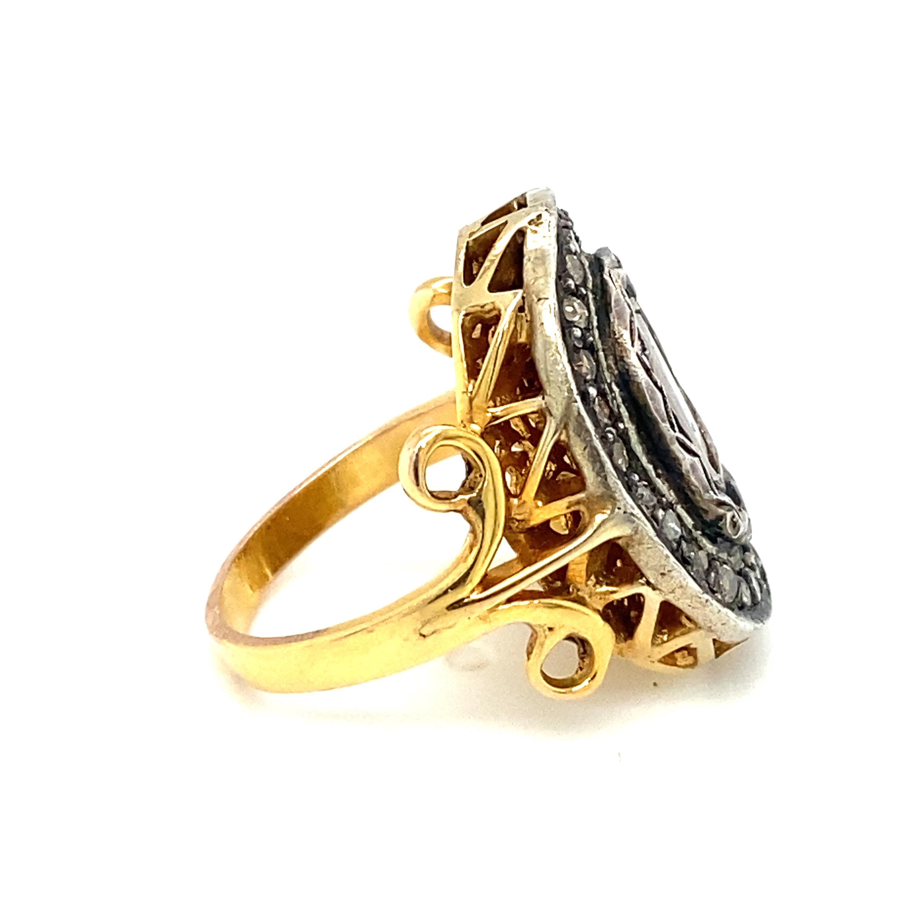 Modern Mughal Reproduction Indian Rose Cut Diamond Cocktail Ring in 18 Karat Gold For Sale