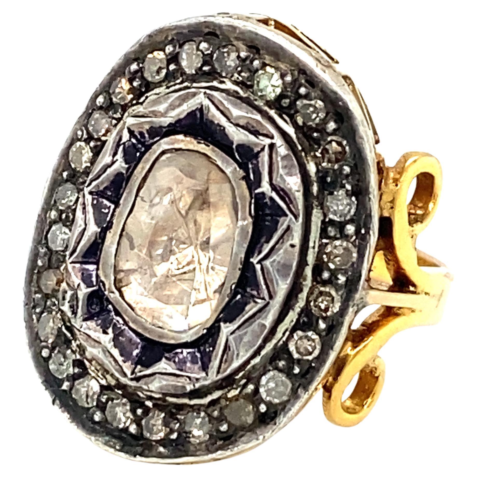 Mughal Reproduction Indian Rose Cut Diamond Cocktail Ring in 18 Karat Gold For Sale