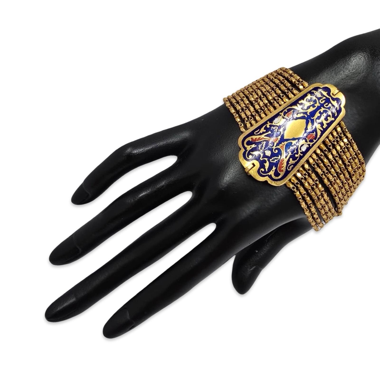 Mughal Revival 22K Enamel Wide Mesh Bracelet Handmade For Sale 9