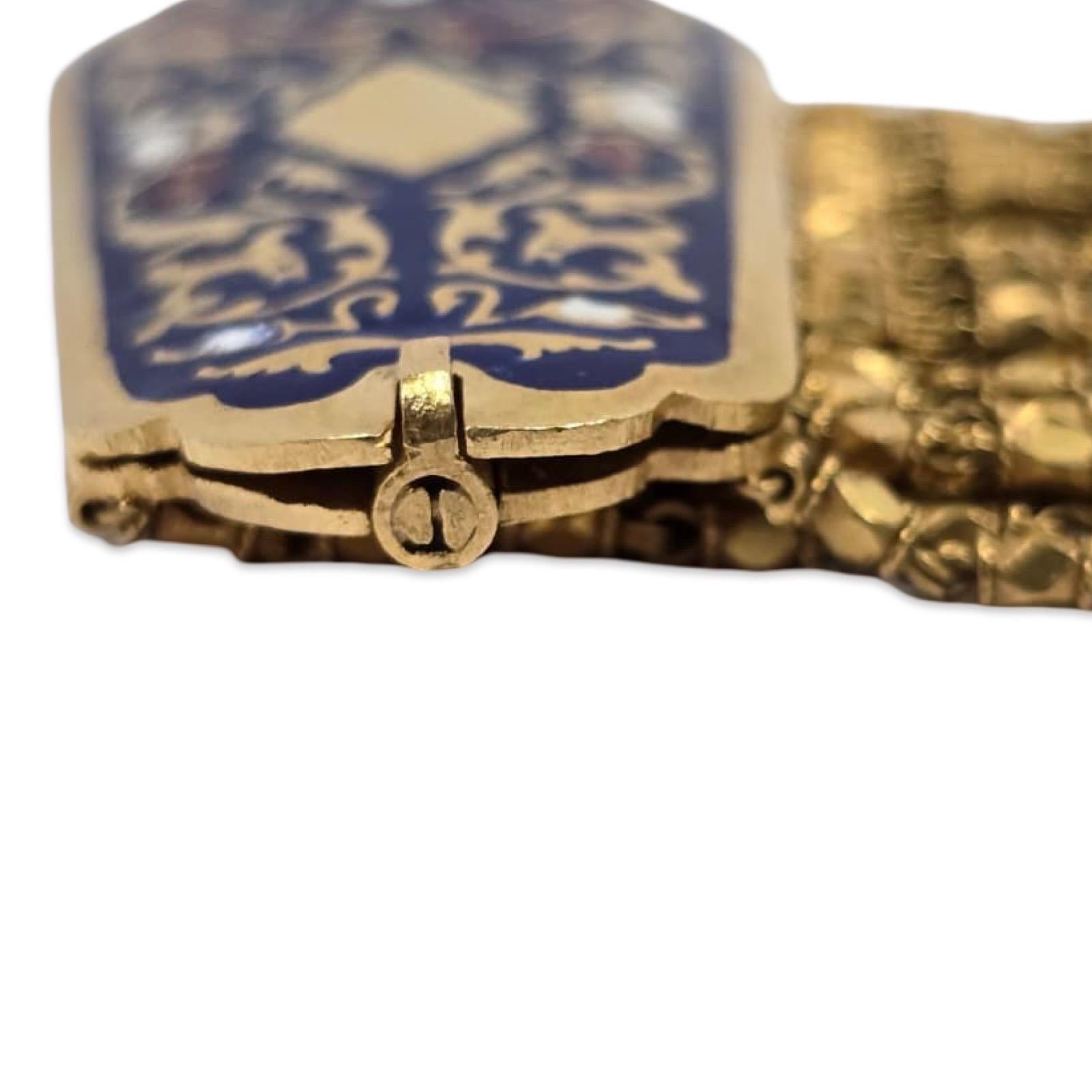 Mughal Revival 22K Enamel Wide Mesh Bracelet Handmade For Sale 15