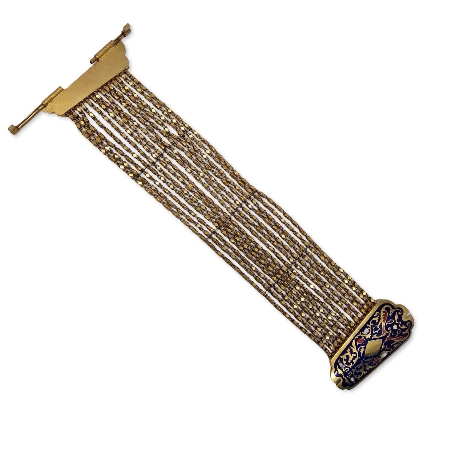 Mughal Revival 22K Enamel Wide Mesh Bracelet Handmade In Excellent Condition For Sale In Miami, FL