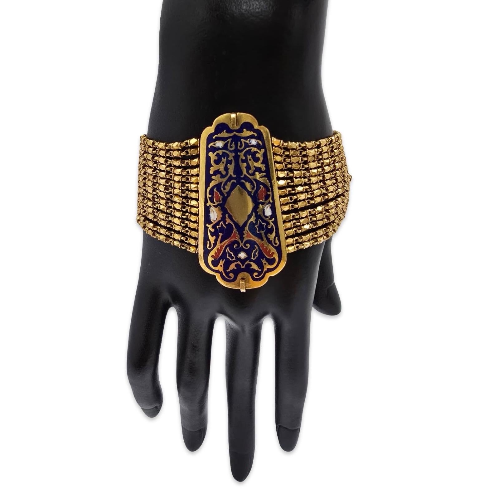 Women's Mughal Revival 22K Enamel Wide Mesh Bracelet Handmade For Sale