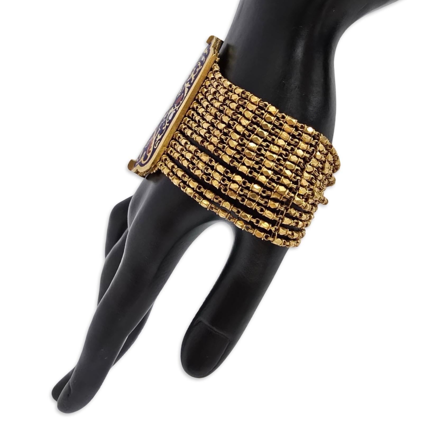 Mughal Revival 22K Enamel Wide Mesh Bracelet Handmade For Sale 1