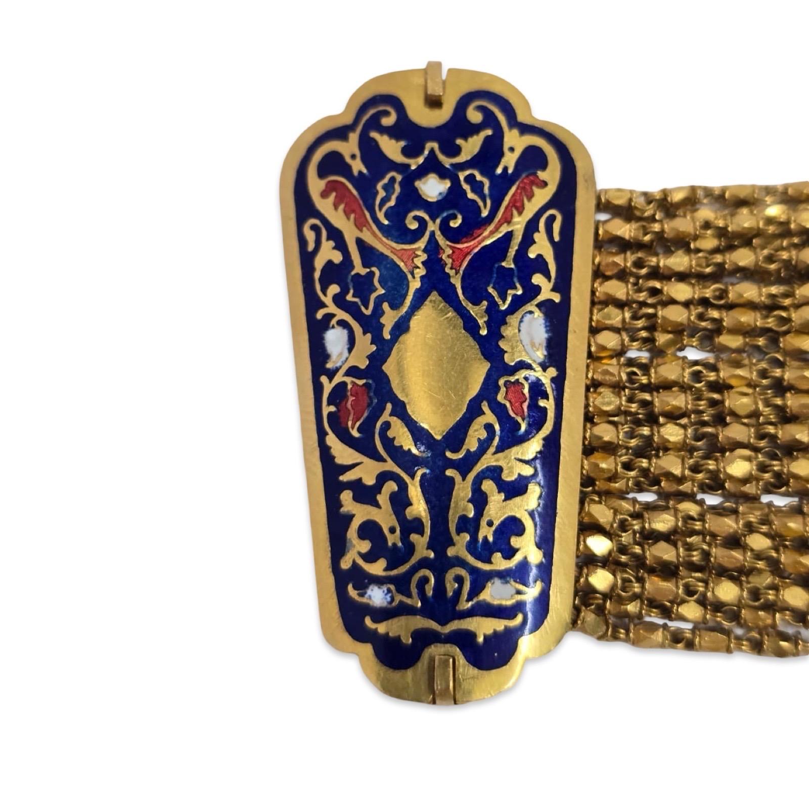 Mughal Revival 22K Enamel Wide Mesh Bracelet Handmade For Sale 4