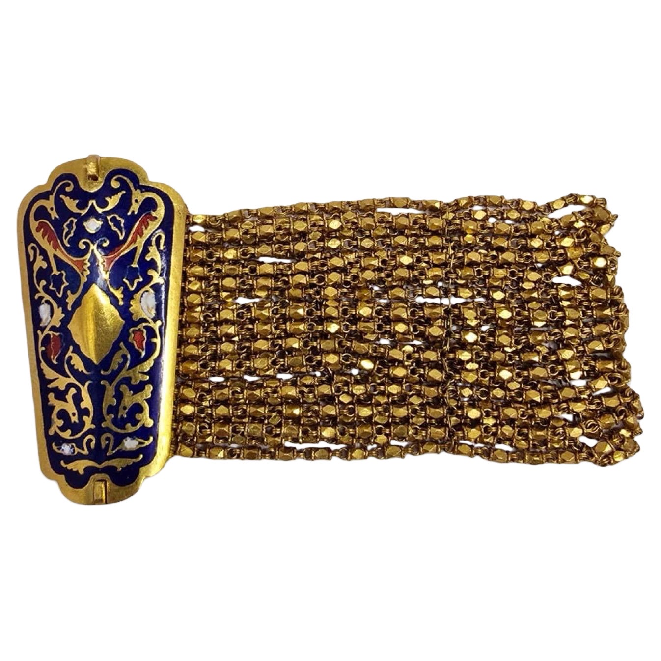 Mughal Revival 22K Enamel Wide Mesh Bracelet Handmade For Sale