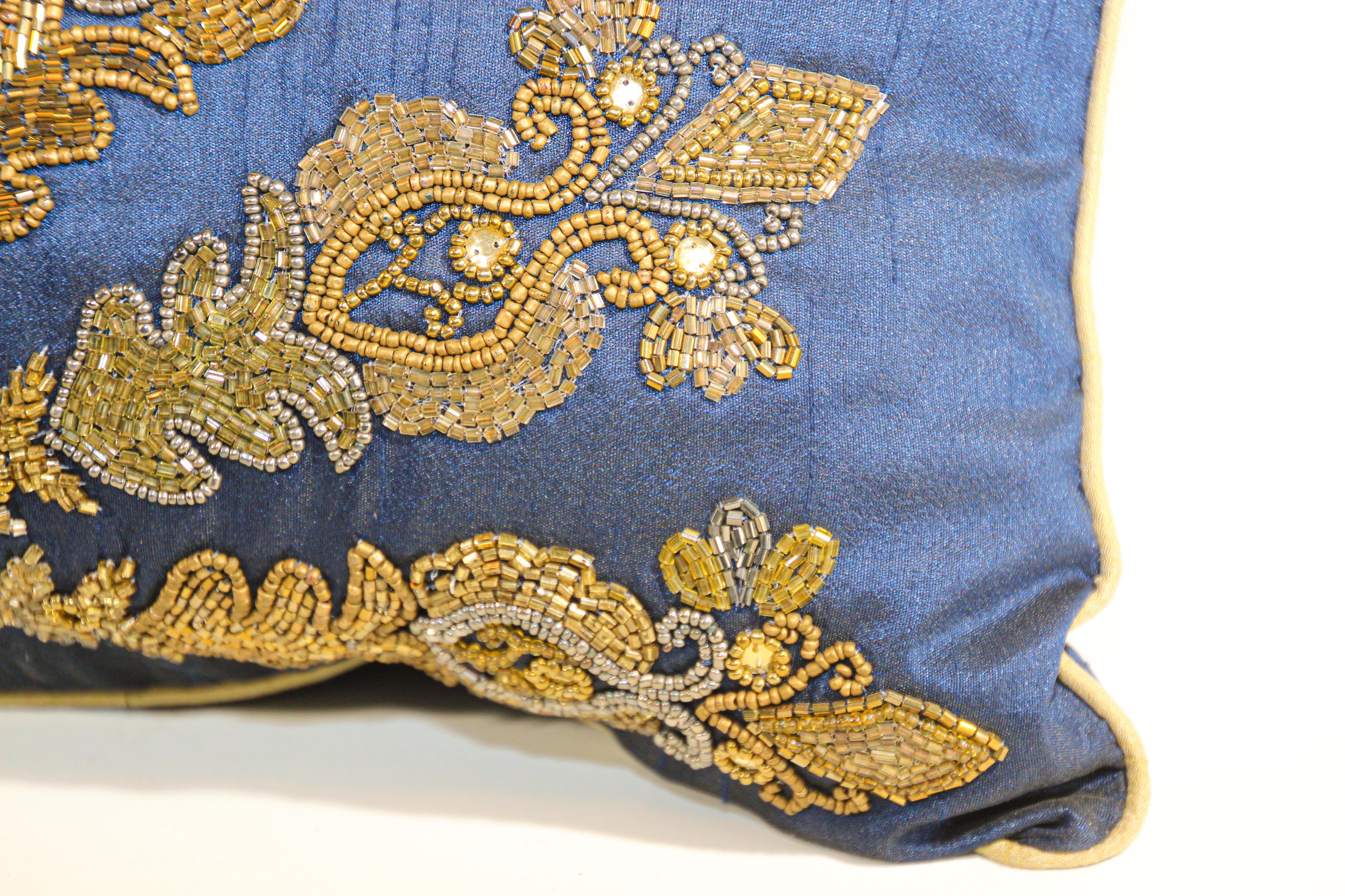 20th Century Mughal Royal Blue Silk Throw Pillow Embroidered with Gold Peacocks