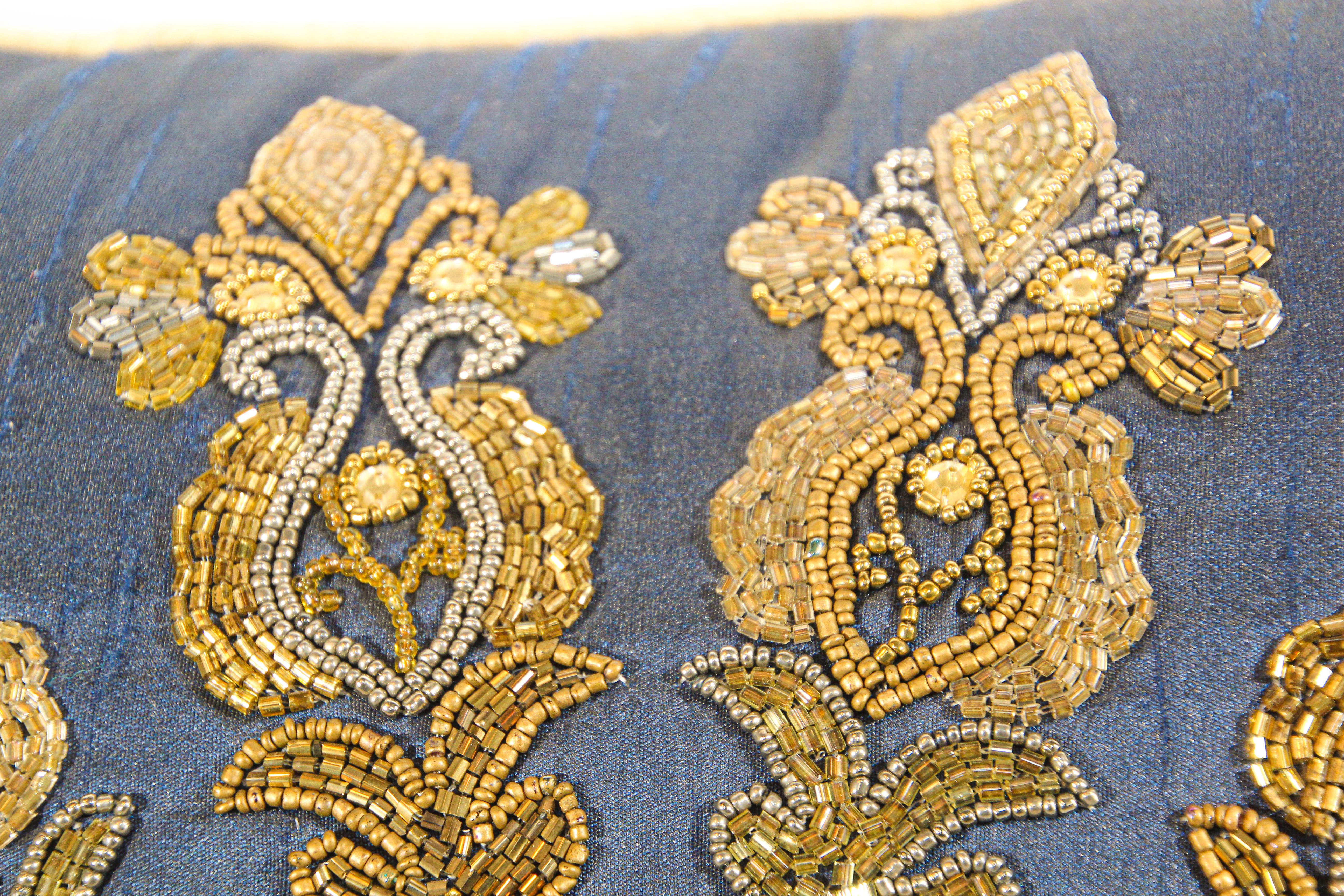 Beads Mughal Royal Blue Silk Throw Pillow Embroidered with Gold Peacocks