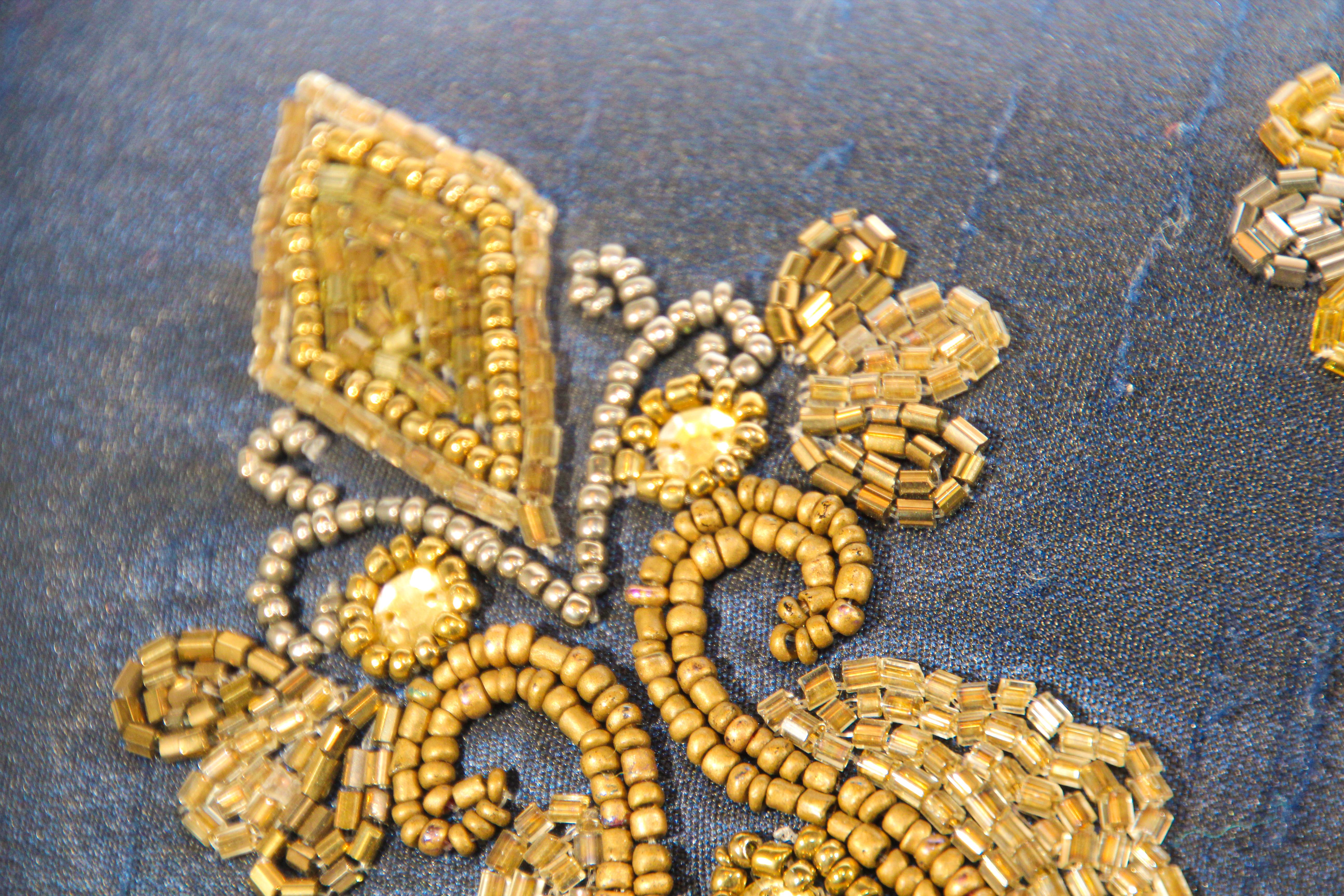 Mughal Royal Blue Silk Throw Pillow Embroidered with Gold Peacocks 3