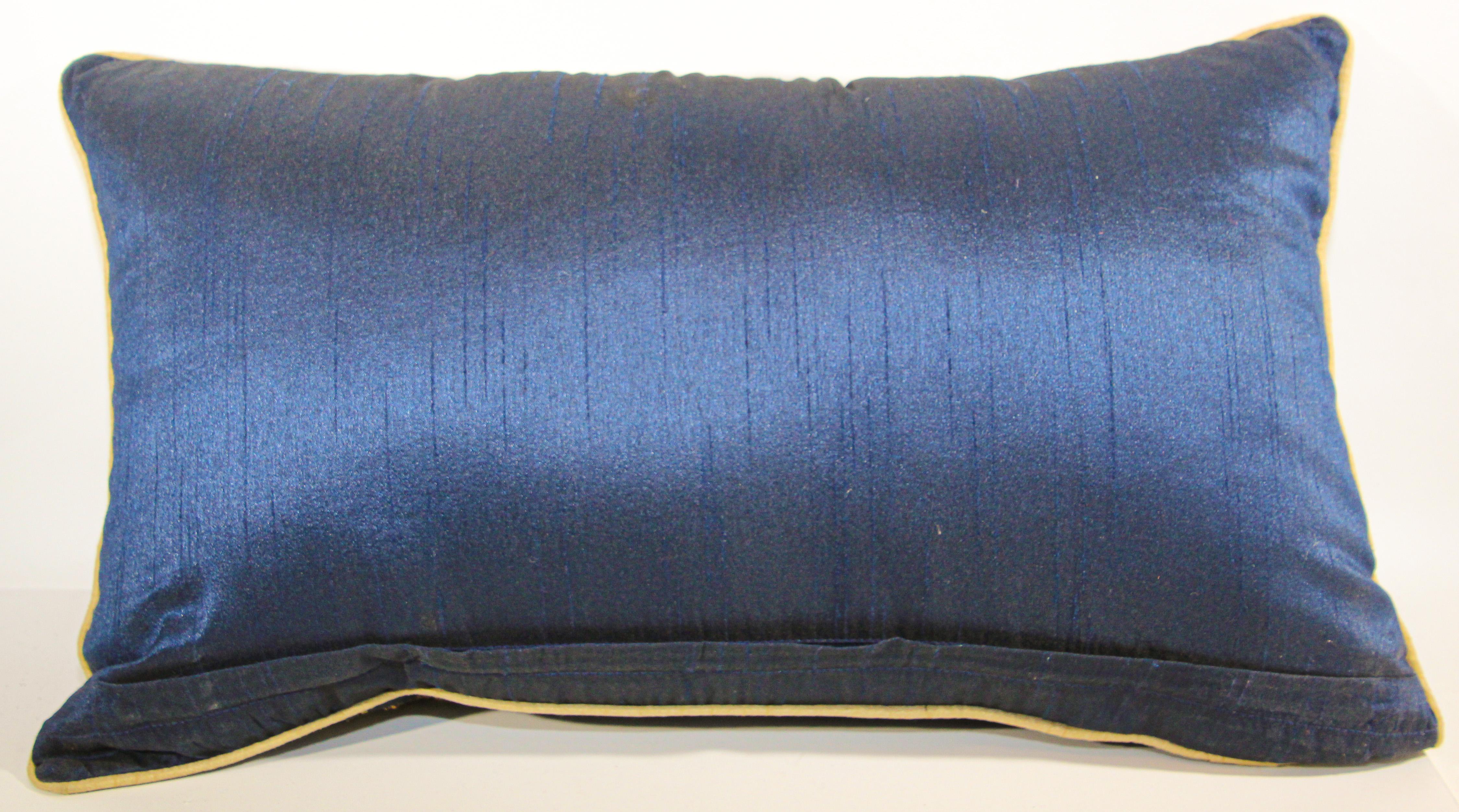 Mughal Royal Blue Silk Throw Pillow Embroidered with Gold Peacocks 5