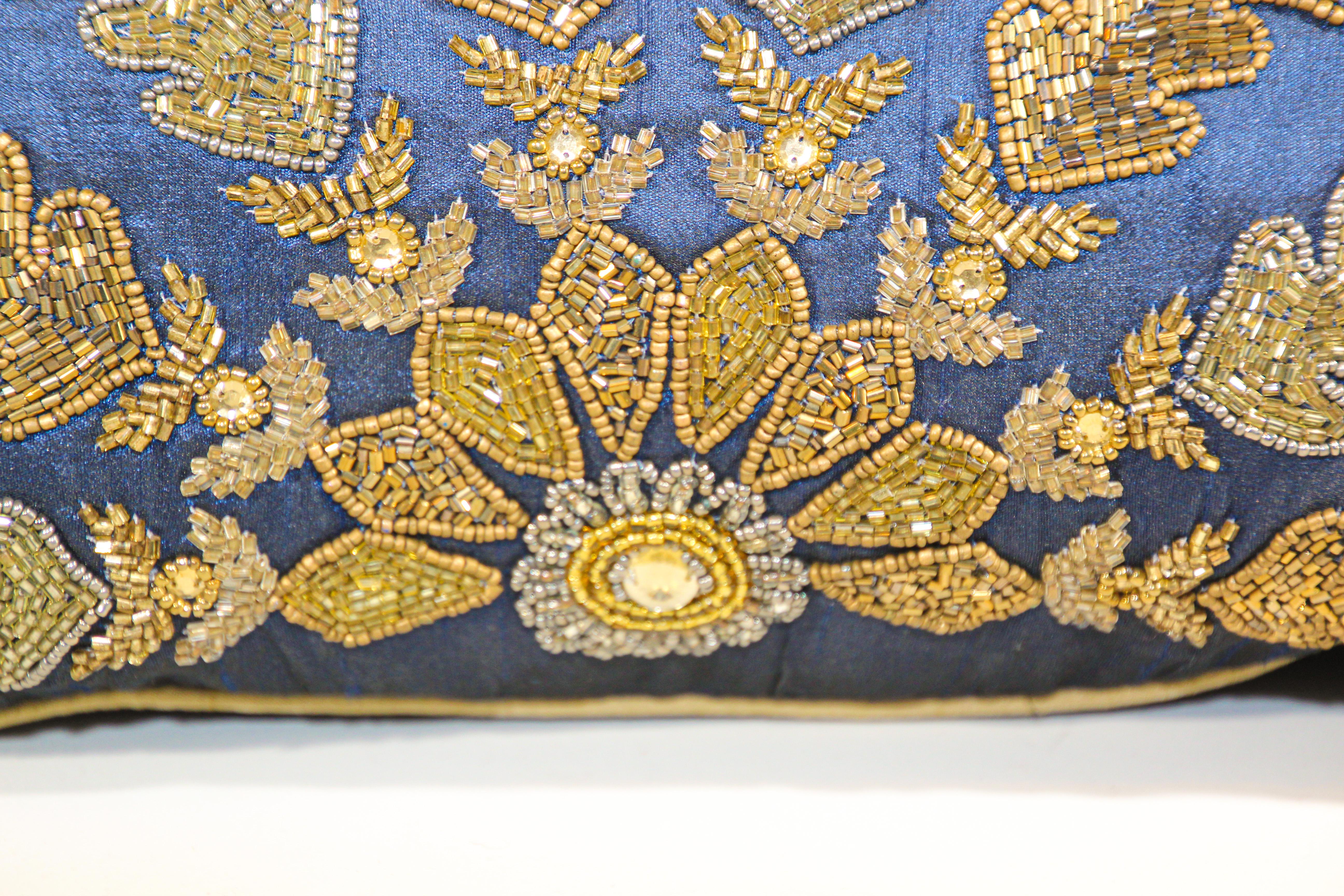 Anglo Raj Mughal Royal Blue Silk Throw Pillow Embroidered with Gold Peacocks