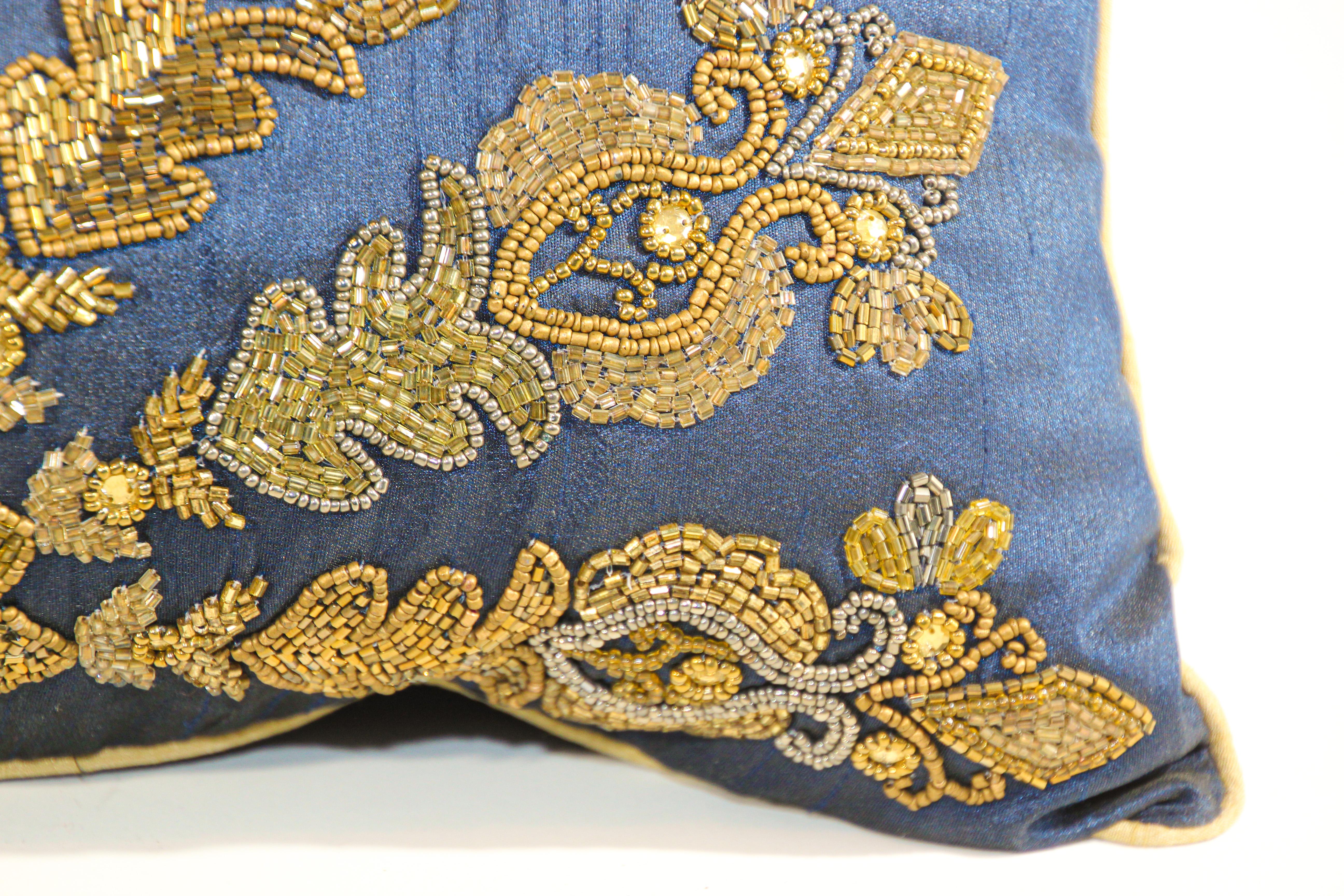 Hand-Crafted Mughal Royal Blue Silk Throw Pillow Embroidered with Gold Peacocks