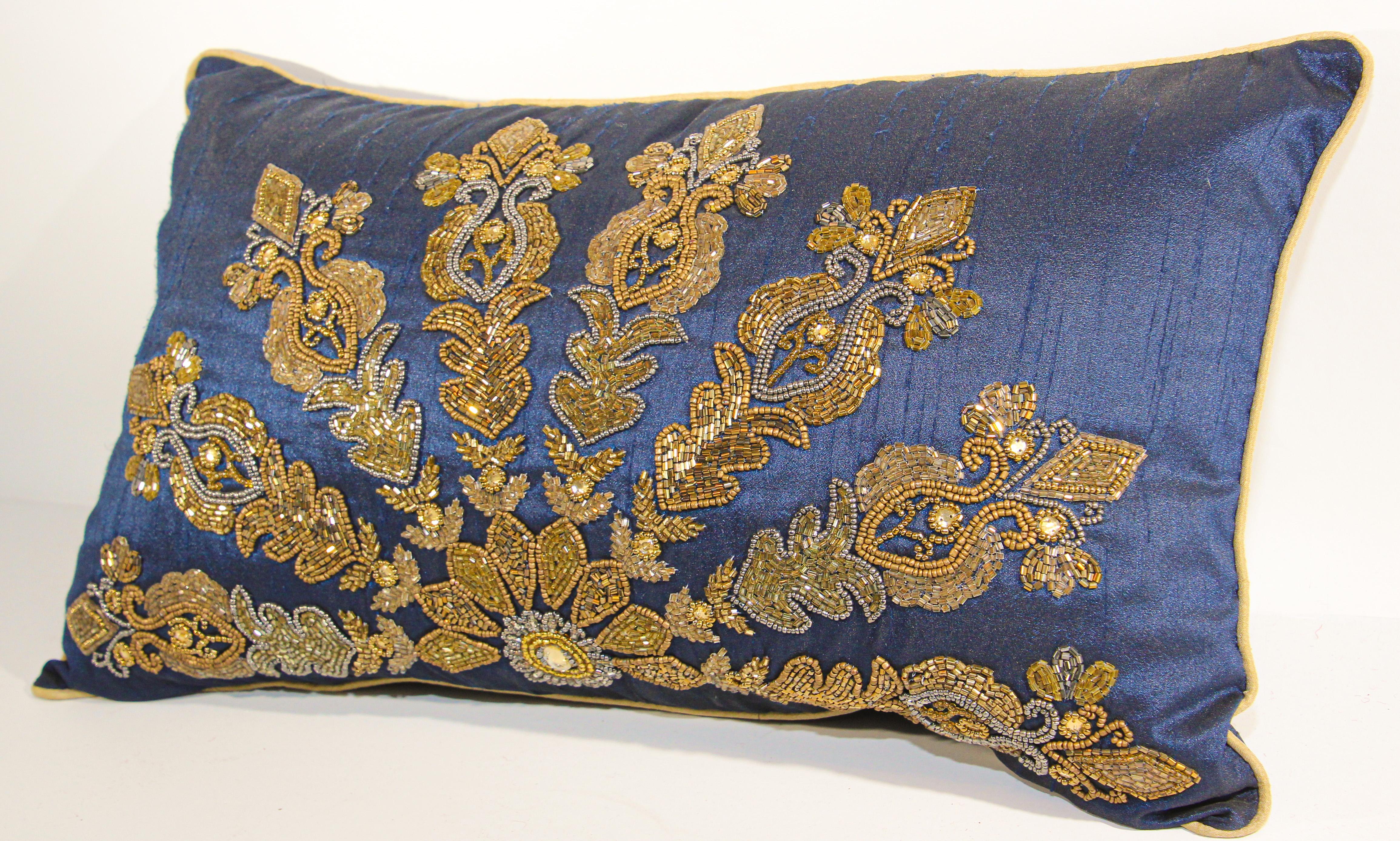 Mughal Royal Blue Silk Throw Pillow Embroidered with Gold Peacocks In Good Condition In North Hollywood, CA
