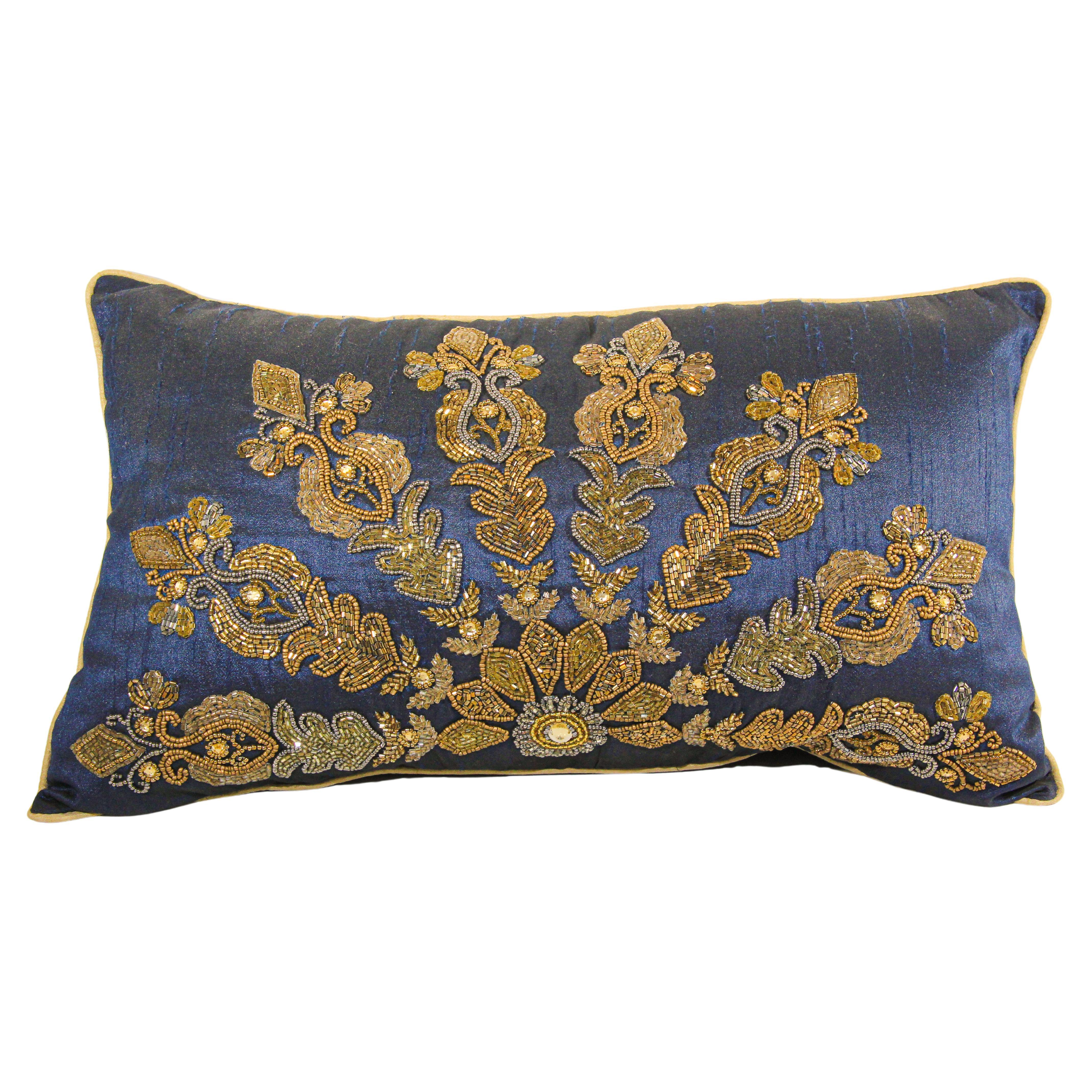 Mughal Royal Blue Silk Throw Pillow Embroidered with Gold Peacocks