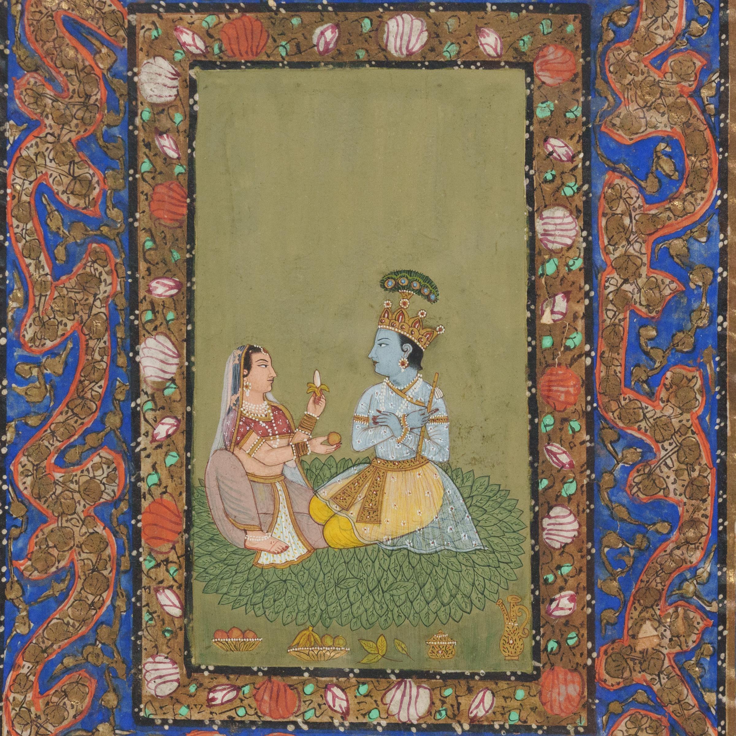 Questa miniatura indiana del XIX secolo è composta in stile Mughal e raffigura un incontro tra il dio indù Krishna e la sua shakti Radha, nota anche come Dea Suprema. Conosciuti insieme come Radha-Krishna, i due amanti incarnano le essenze maschili