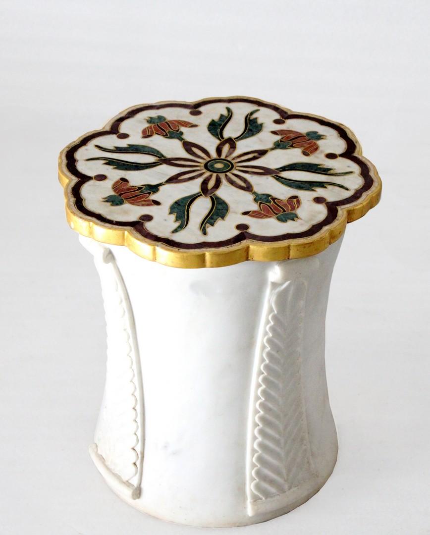 Hand-Carved Mughal Side Table in White Marble by Paul Mathieu for Stephanie Odegard For Sale