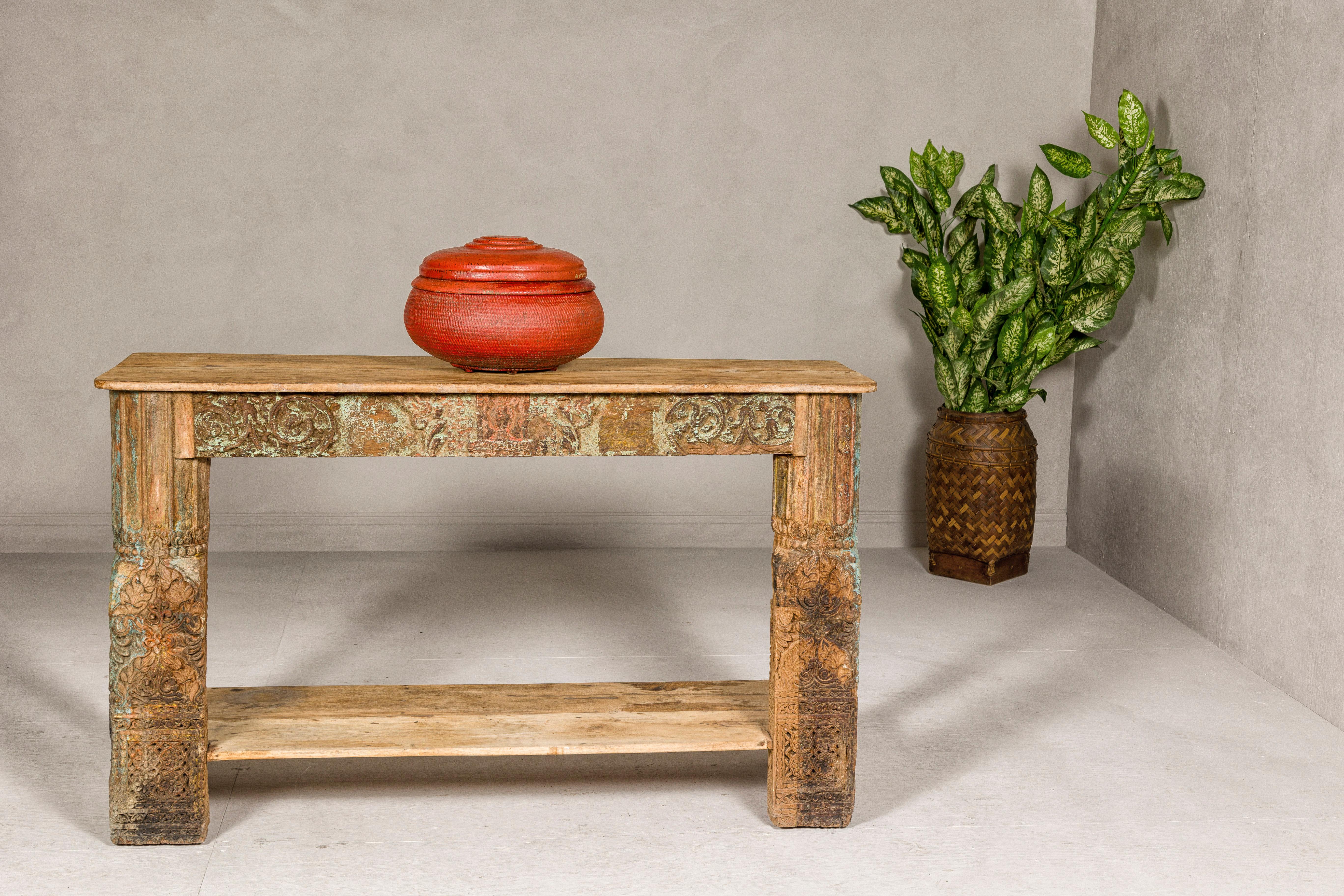 Mughal Style Distressed Polychrome Console Table with Carved Apron with Shelf For Sale 5