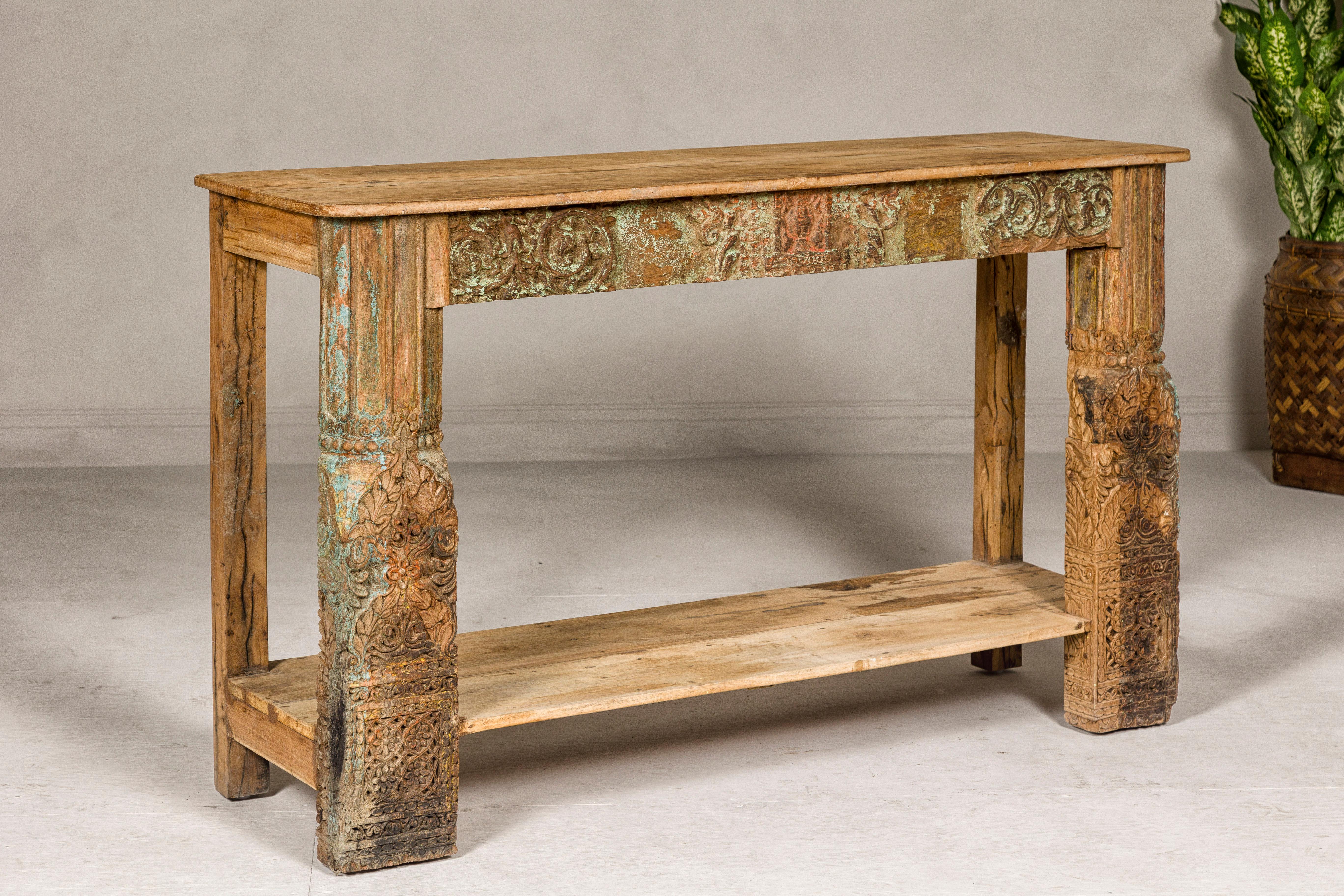 Mughal Style Distressed Polychrome Console Table with Carved Apron with Shelf For Sale 6
