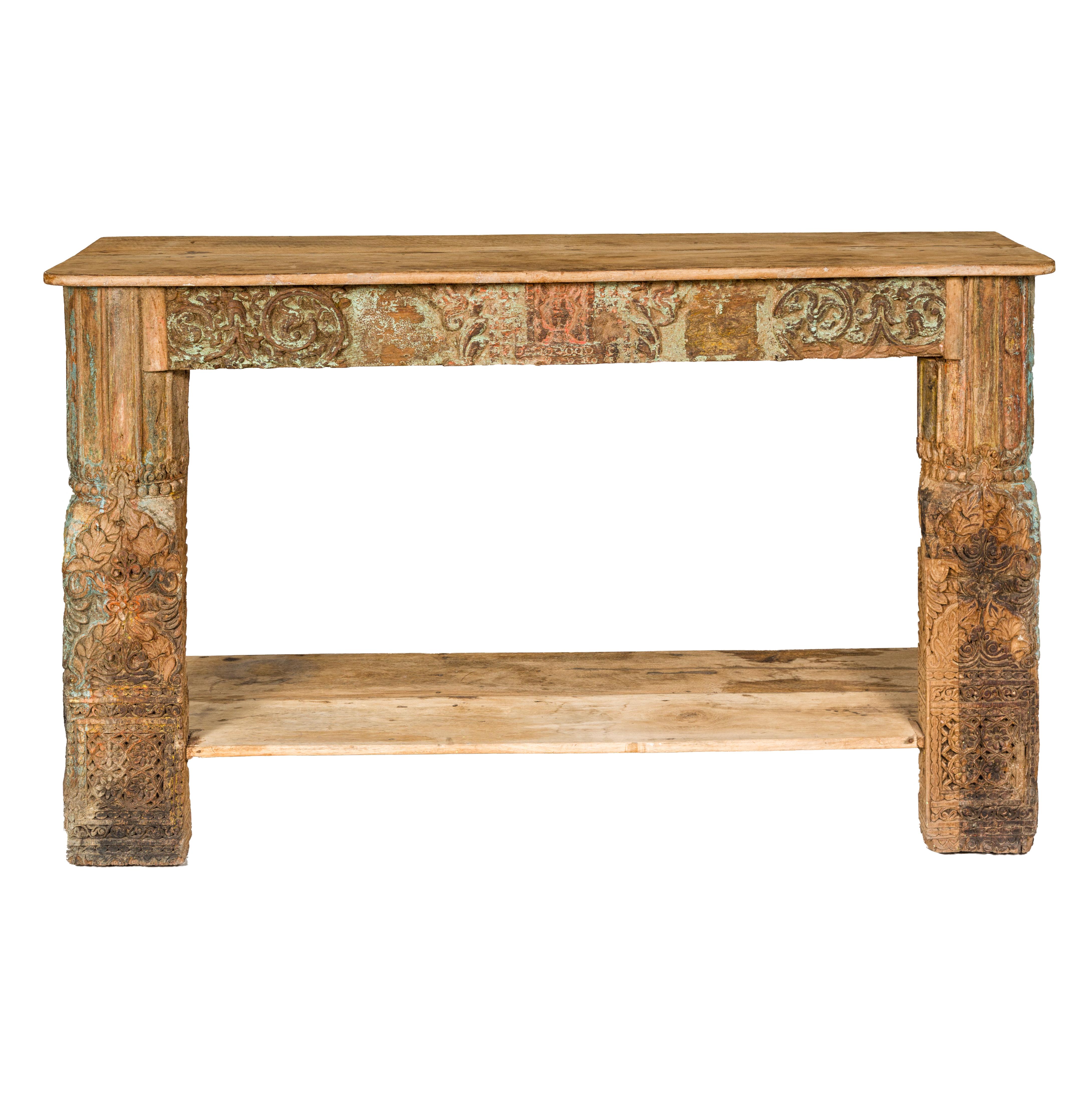 Mughal Style Distressed Polychrome Console Table with Carved Apron with Shelf For Sale 13