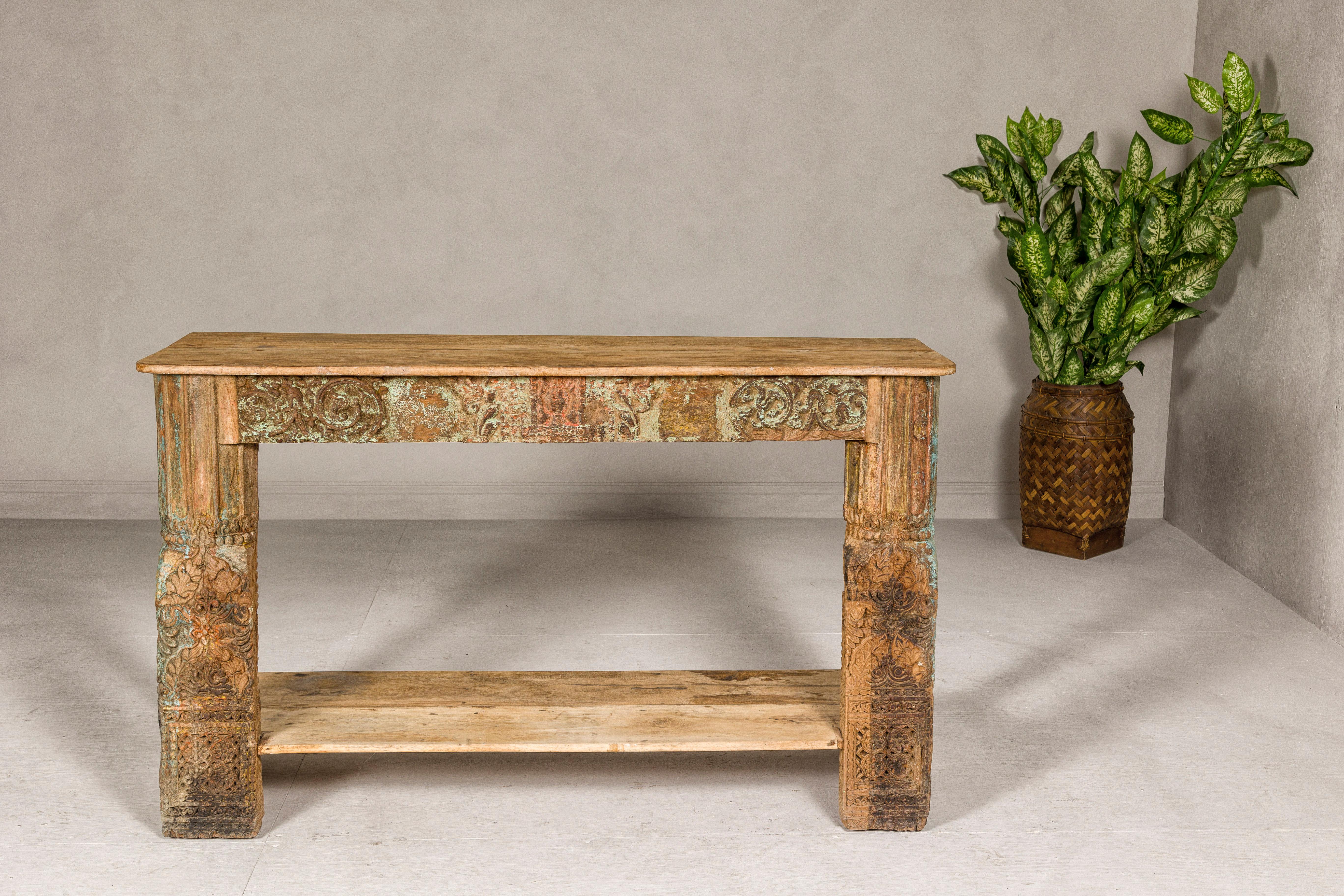 Mughal Style Distressed Polychrome Console Table with Carved Apron with Shelf In Good Condition For Sale In Yonkers, NY