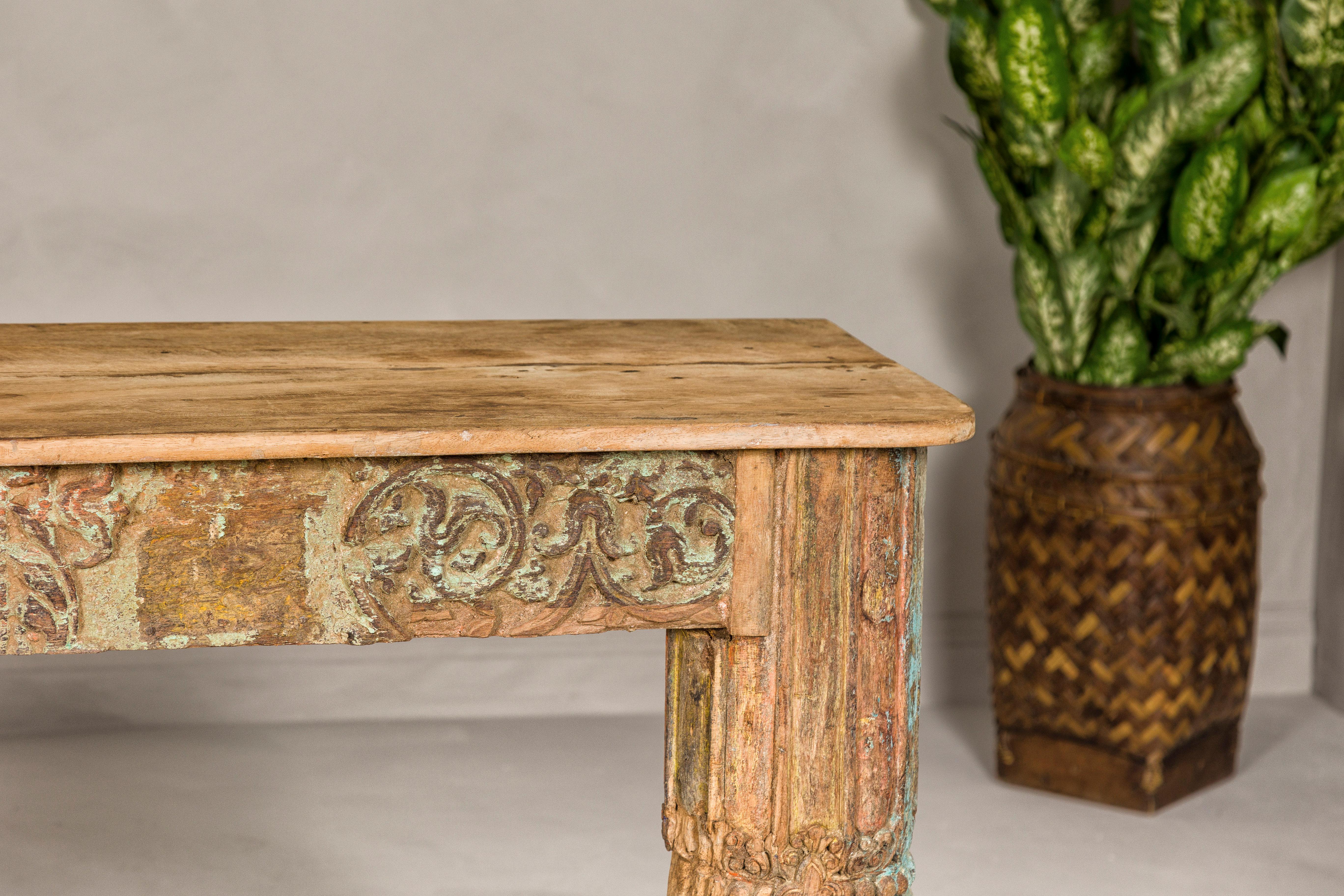 Wood Mughal Style Distressed Polychrome Console Table with Carved Apron with Shelf For Sale