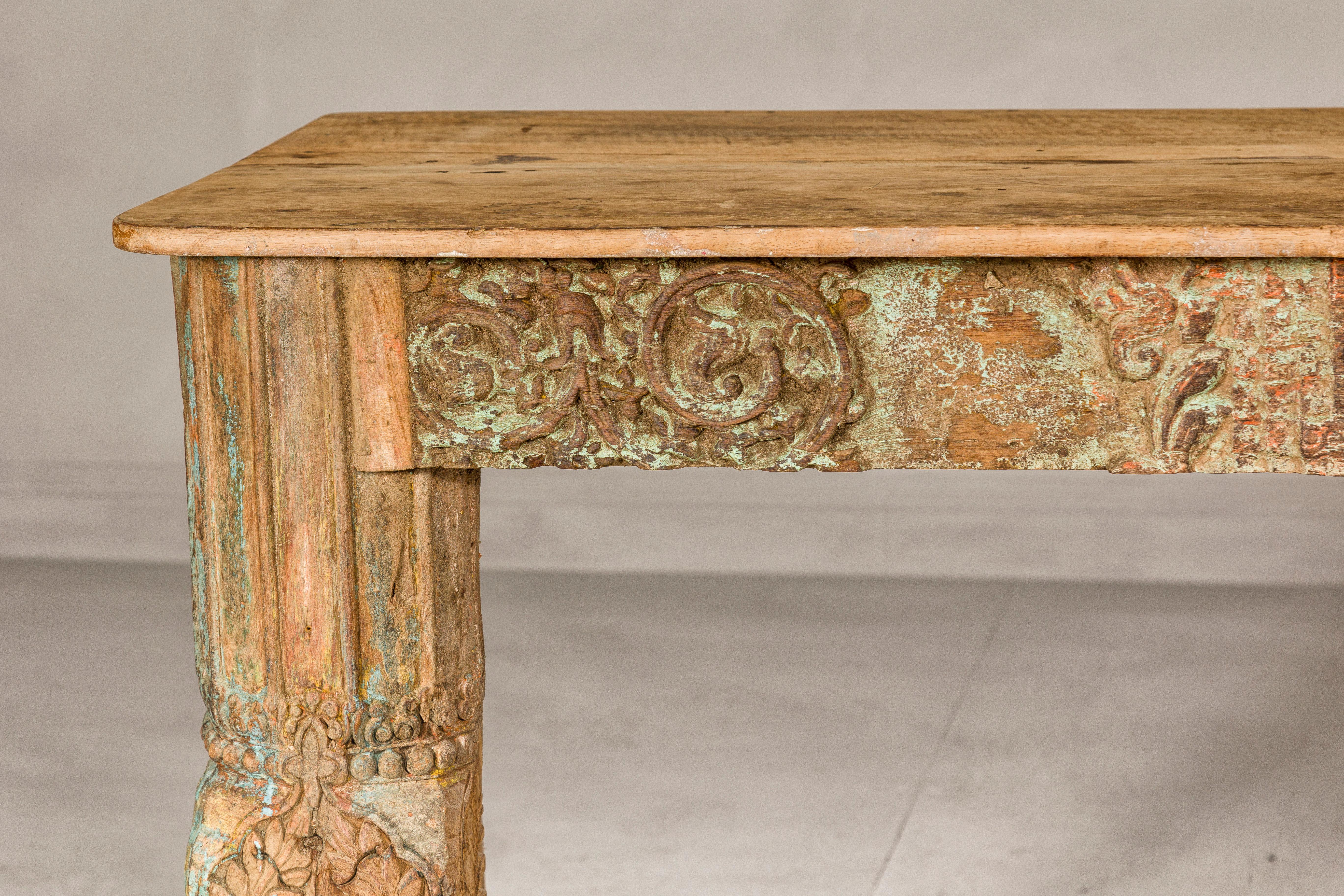 Mughal Style Distressed Polychrome Console Table with Carved Apron with Shelf For Sale 4