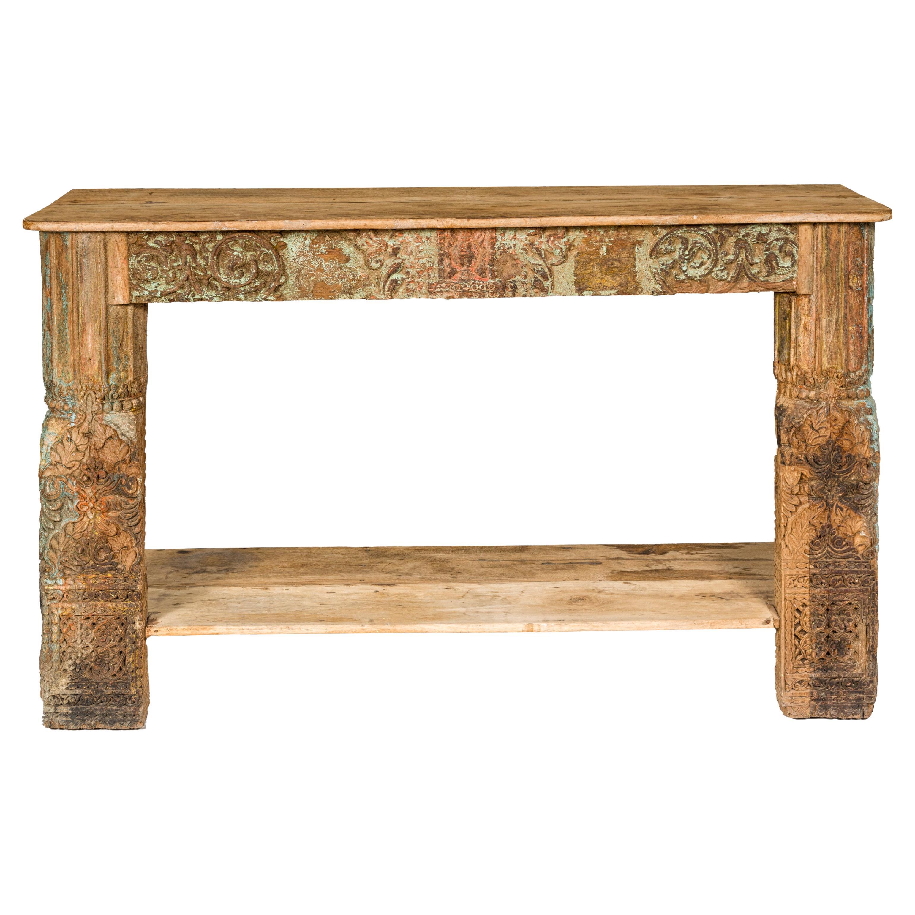 Mughal Style Distressed Polychrome Console Table with Carved Apron with Shelf For Sale
