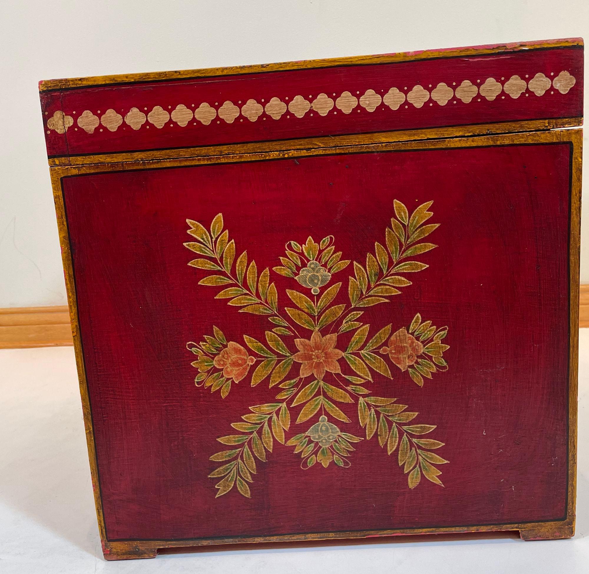Mughal Style Folk Art Lacquer Hand Painted Decorative Storage Trunk Side Table For Sale 8