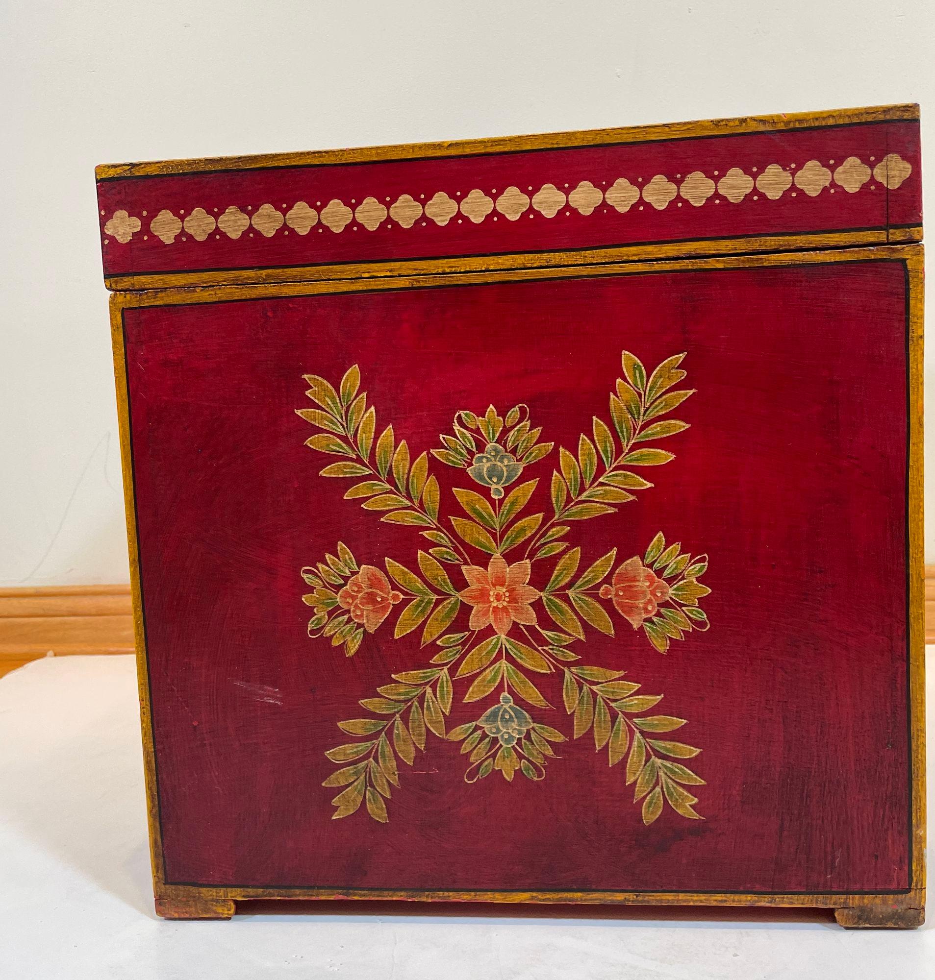 Mughal Style Folk Art Lacquer Hand Painted Decorative Storage Trunk Side Table For Sale 11