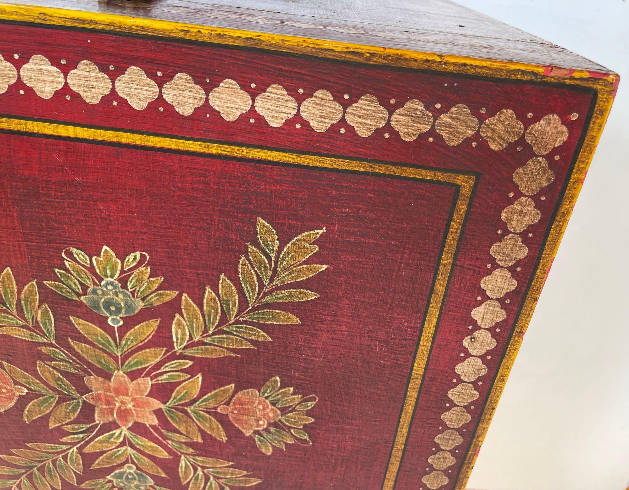 Wood Mughal Style Folk Art Lacquer Hand Painted Decorative Storage Trunk Side Table For Sale