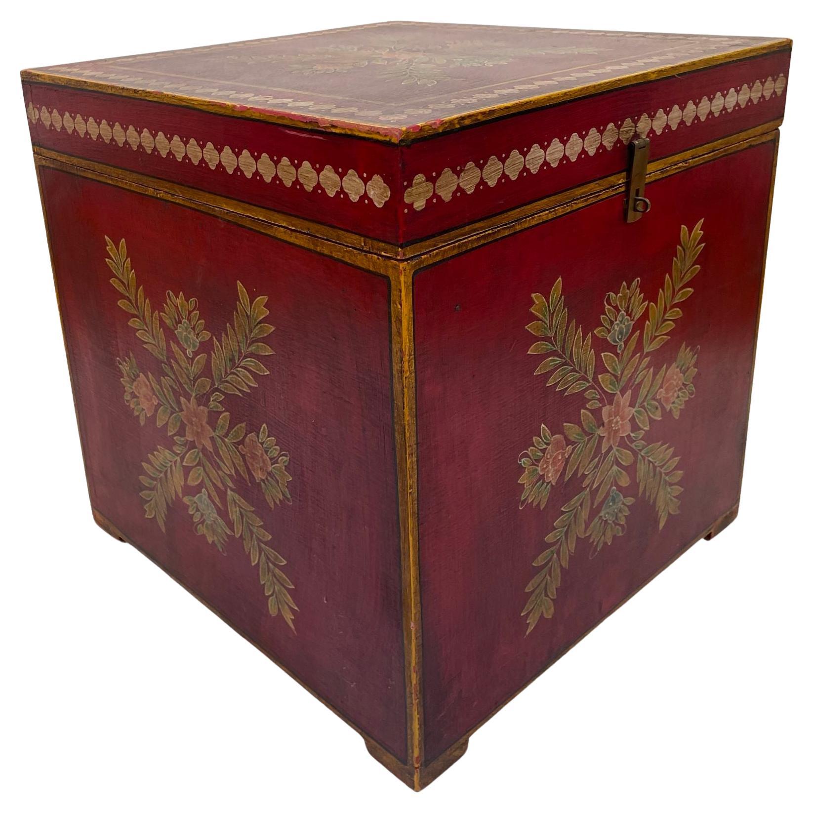 Mughal Style Folk Art Lacquer Hand Painted Decorative Storage Trunk Side Table For Sale