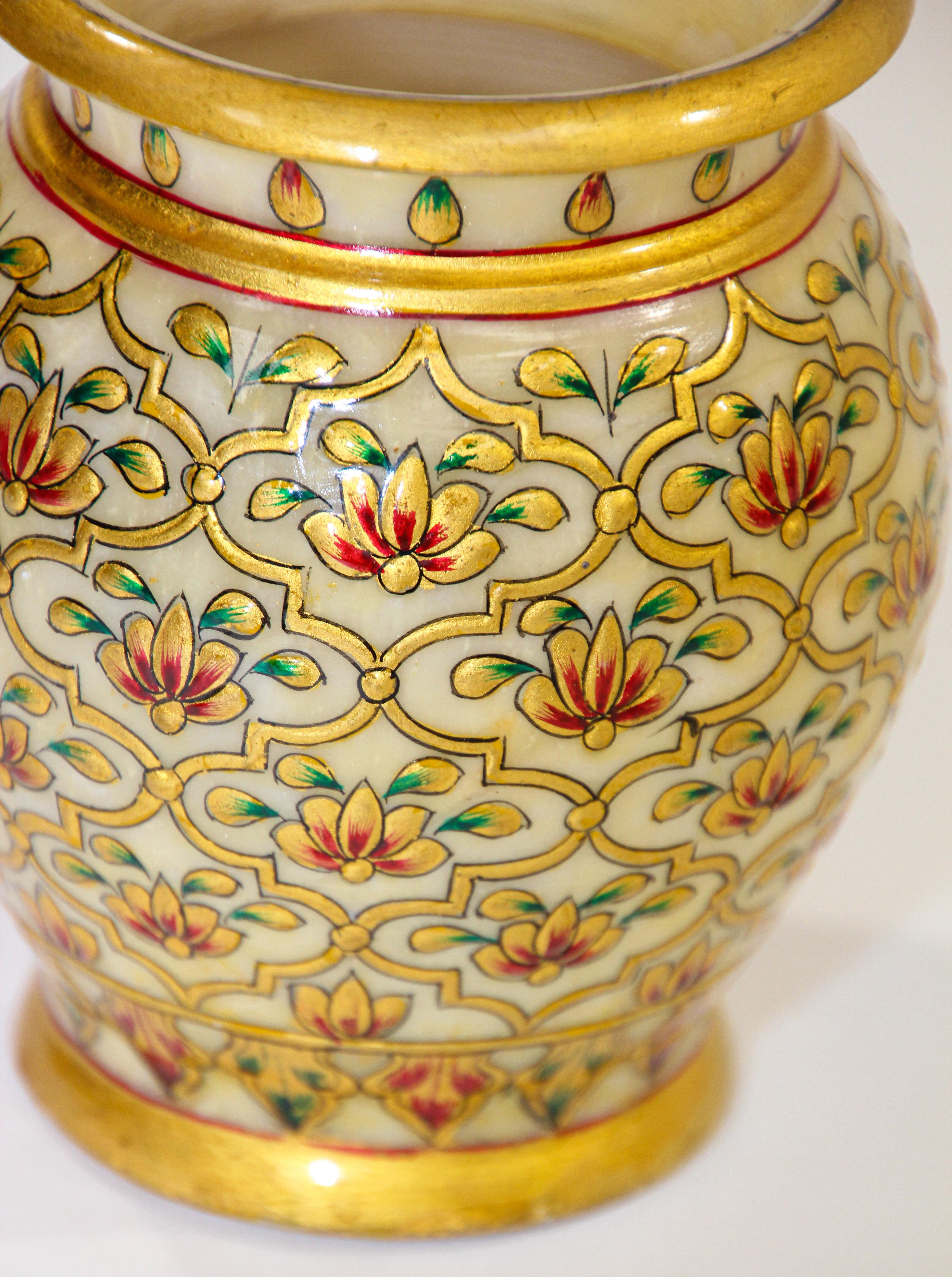 20th Century Mughal Style Makrana Marble Hand Painted Vase