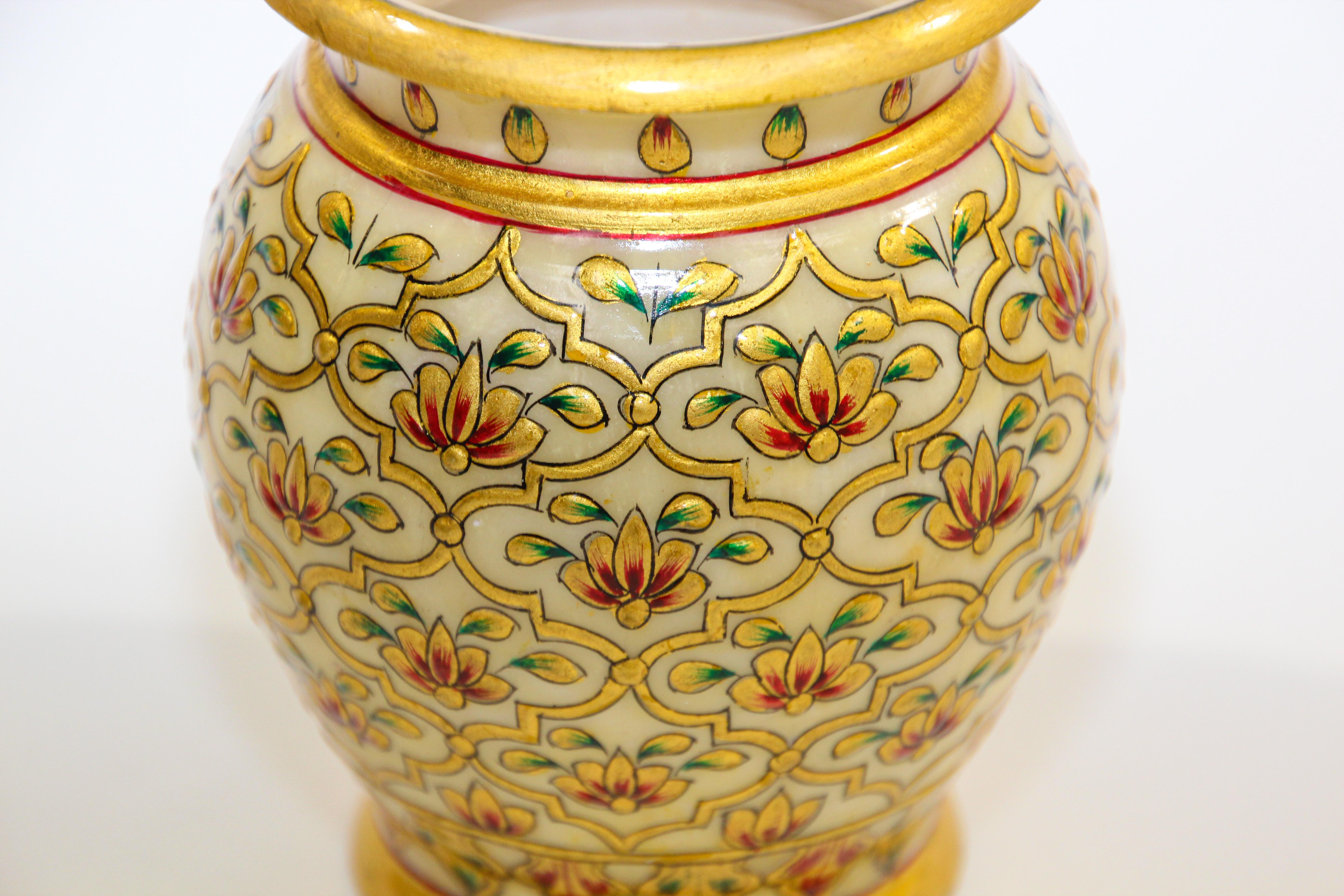 Indian Mughal Style Makrana Marble Hand Painted Vase
