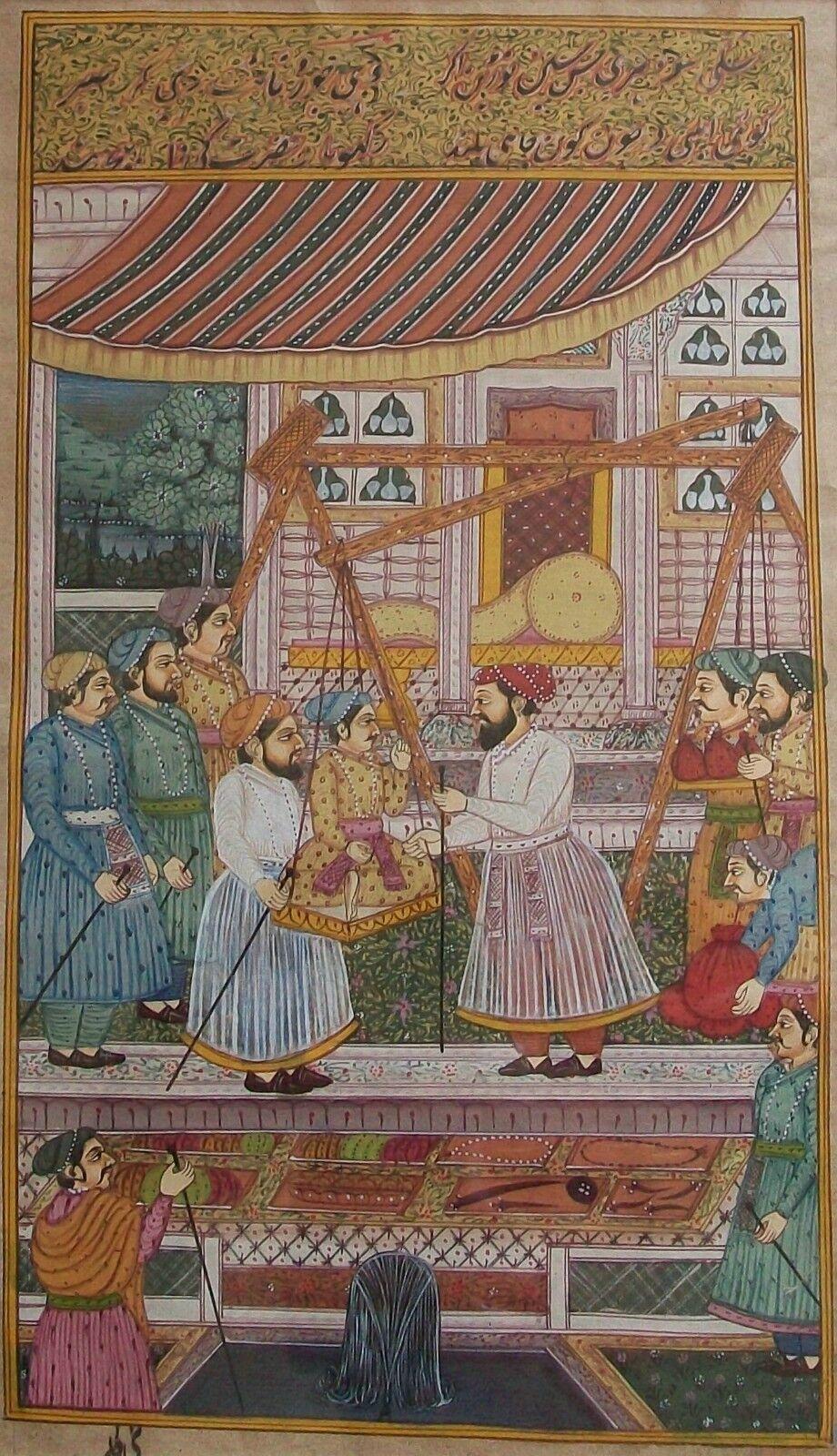 Mughal style miniature painting - gouache on paper with silver highlights - hand painted - depicting a court scene with the Mughal Emperor Jahangir weighing his son, Prince Khurram, as part of his 15th birthday celebration, his weight measured in